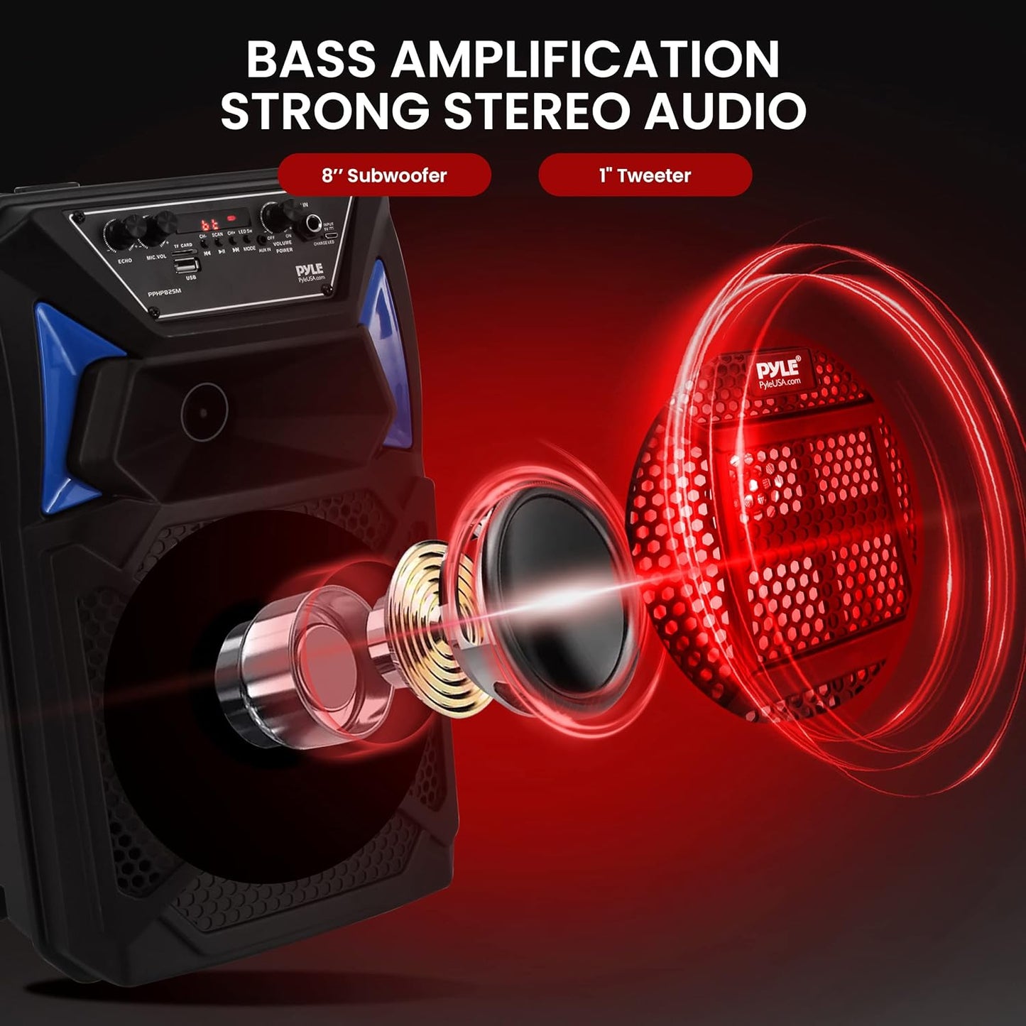 Pyle Bluetooth PA Speaker & Microphone System - Portable Karaoke Speaker with Wired Mic, Built-in LED Party Lights, FM Radio, MP3/USB/Micro SD Readers, Speaker Stand (8’’ Subwoofer, 400 Watt MAX)