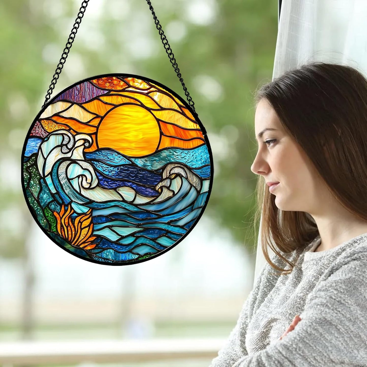 Stained Glass Window Hanging, Orange Sun Blue Sea Waves Landscape Suncatcher for Doors Window Home Sun Catchers Decor Mother's Day Birthday Gifts for Women, Men Mom 15 in