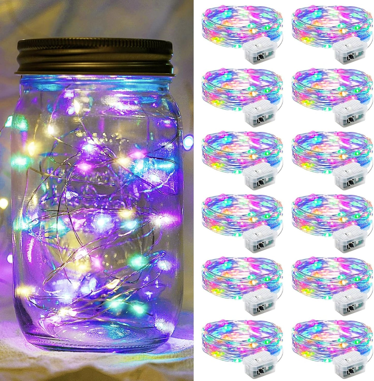 12 Pack Rainbow Fairy Lights 7Ft 20 LED Twinkle String Lights 3 Modes Battery Operated Waterproof Firefly Starry for Mason Jar Party Wedding Christmas Valentines Day Table Centerpieces