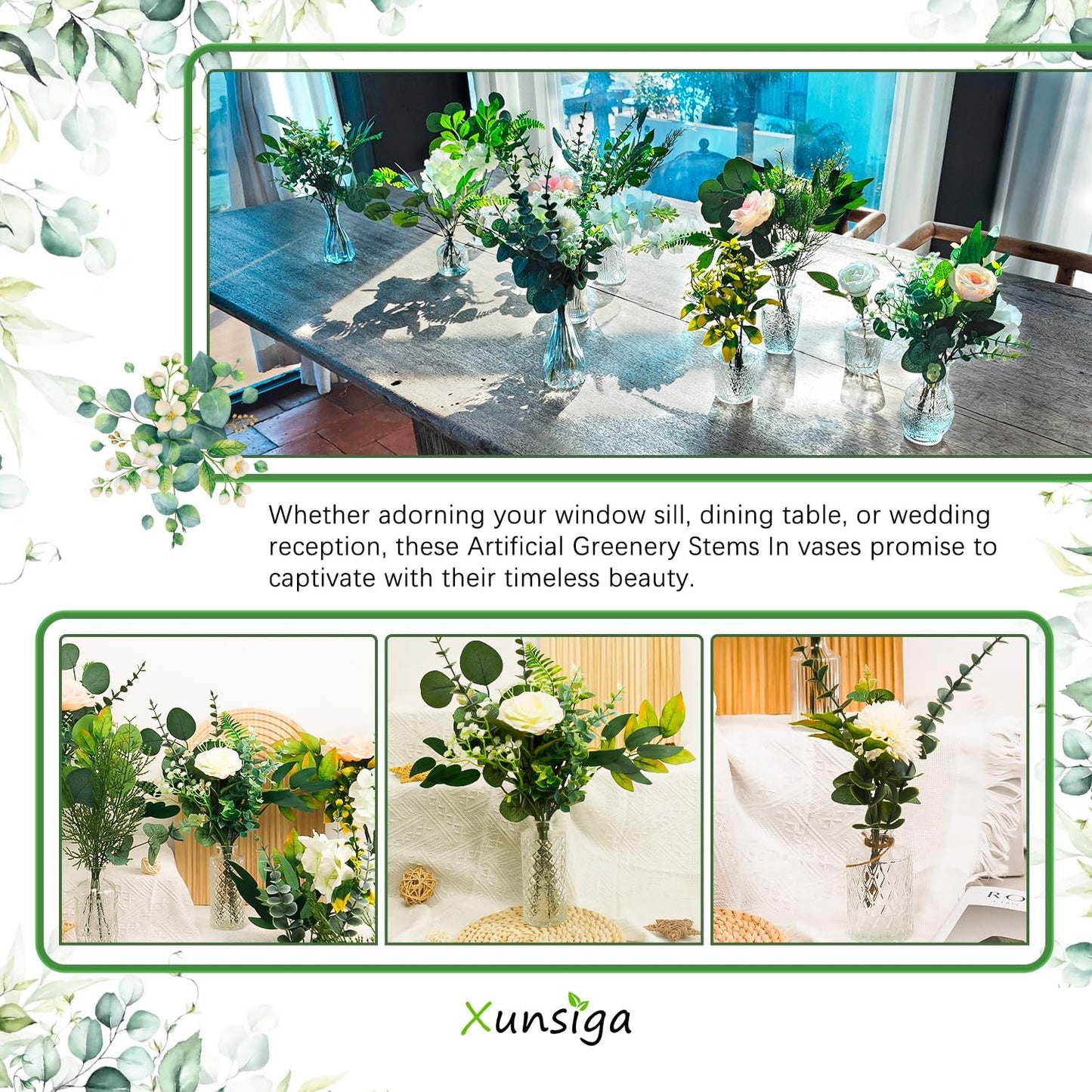 114Pcs Artificial Flowers in Vases Set, Fake Flower Greenery Stem Bulk Sets with 12Pcs Glass Bud Vases, Artificial Plants & Flowers for Wedding Centerpiece Table Decorations