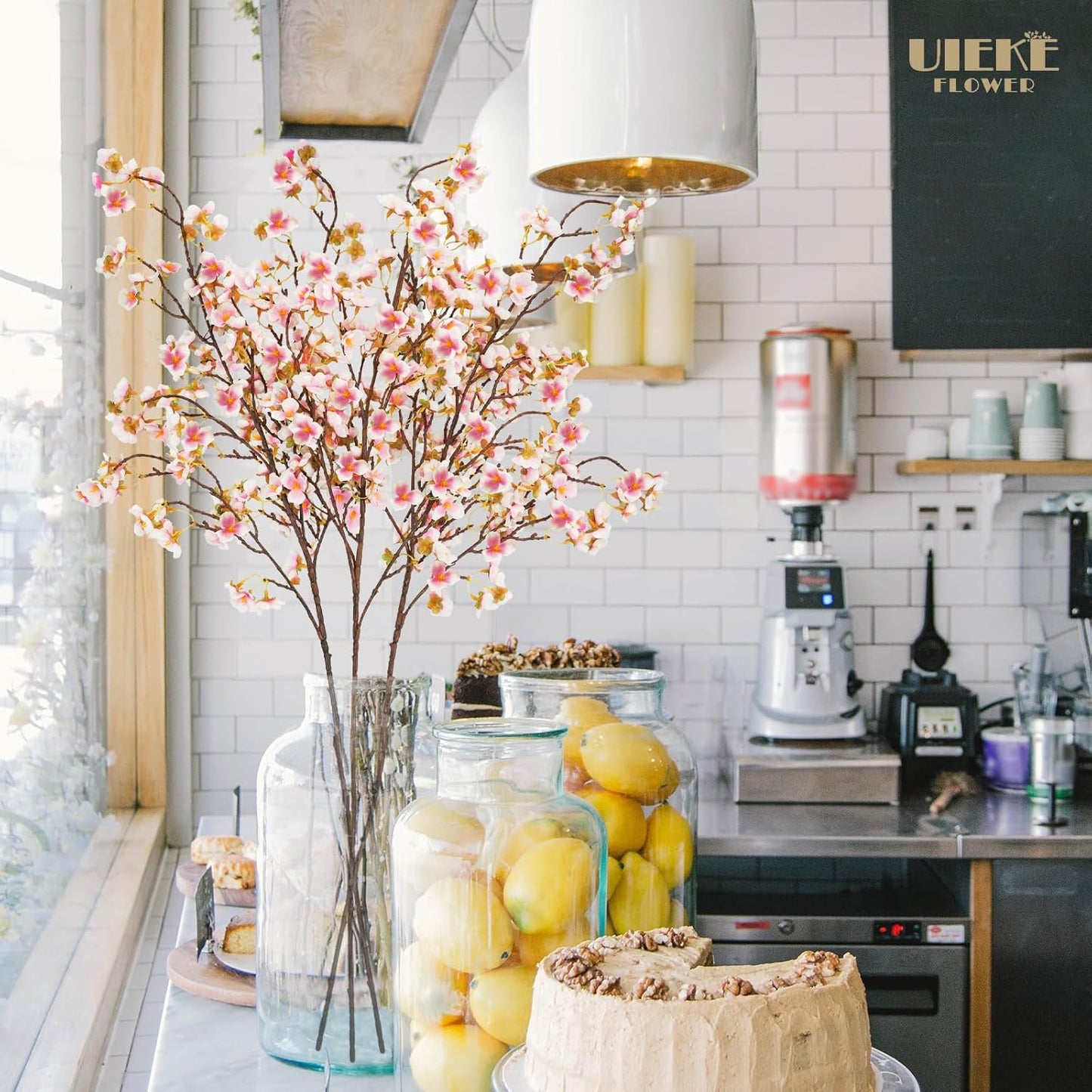 Uieke Silk Cherry Blossom Branches, 40.5in Artificial Cherry Blossom Flowers Long Stems Fake Flowers Vase Arrangements for Wedding Home Japanese Decor, Set of 8, Pink