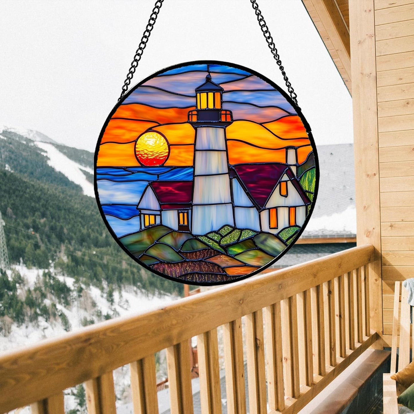 Stained Glass Window Hanging - Sea Lighthouse Suncatcher for Door Terrace Garden Home Decor Sunset Beach Scenery Sun Catcher Birthday Gifts for Lovers Women Men Dad Mom Nana 7.8 in