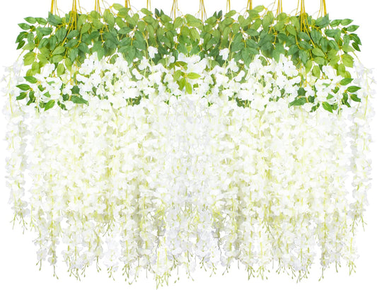 24 Pack Artificial Fake Wisteria Vine Ratta (3.75 Feet) Hanging Garland Silk Flowers String Home Party Wedding Decor (White)