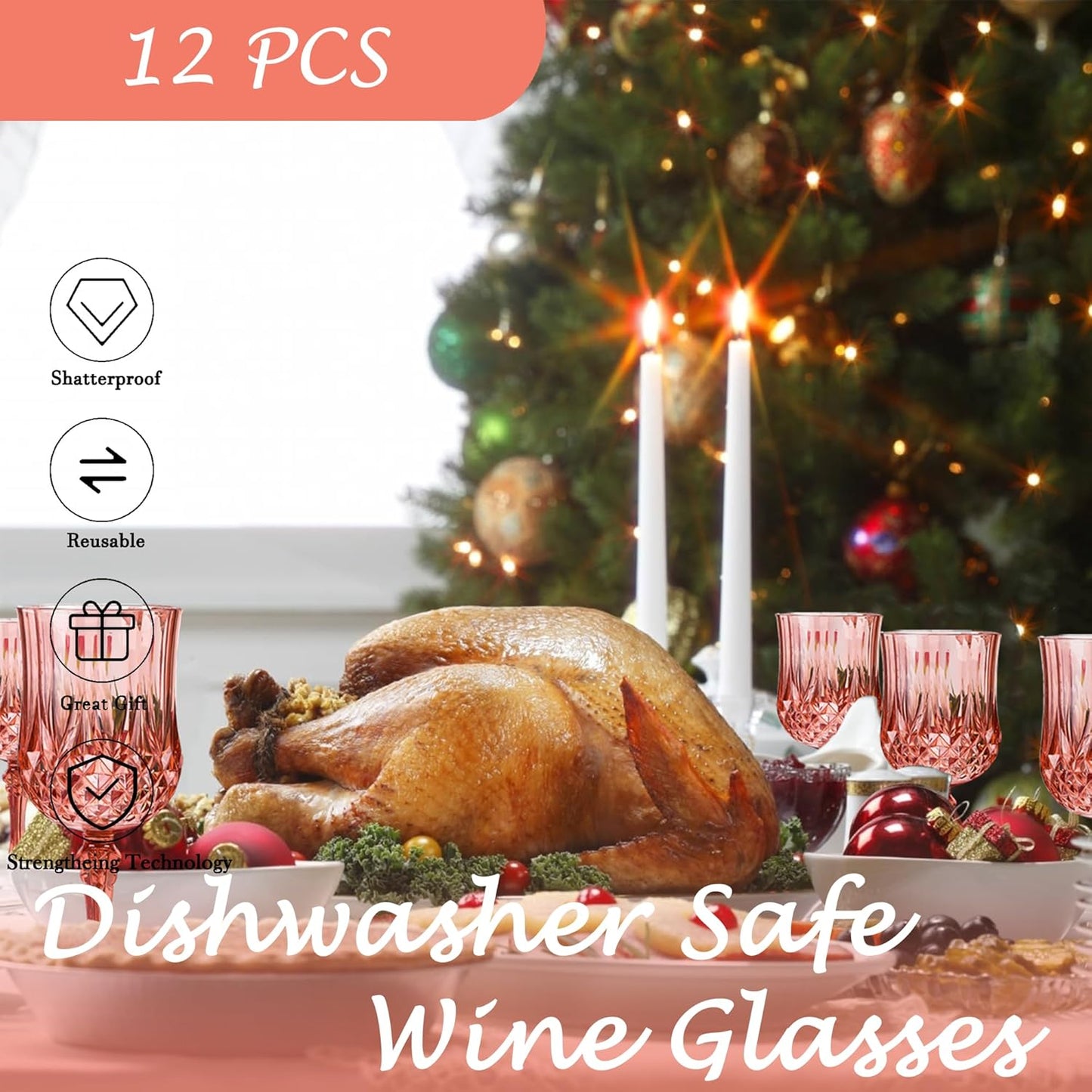 Plastic Wine Glasses，Plastic Goblets Vintage Style Cordial Drinking Glasses for Wedding Reception, Grand Event Party Supplies (12, Rose Gold)