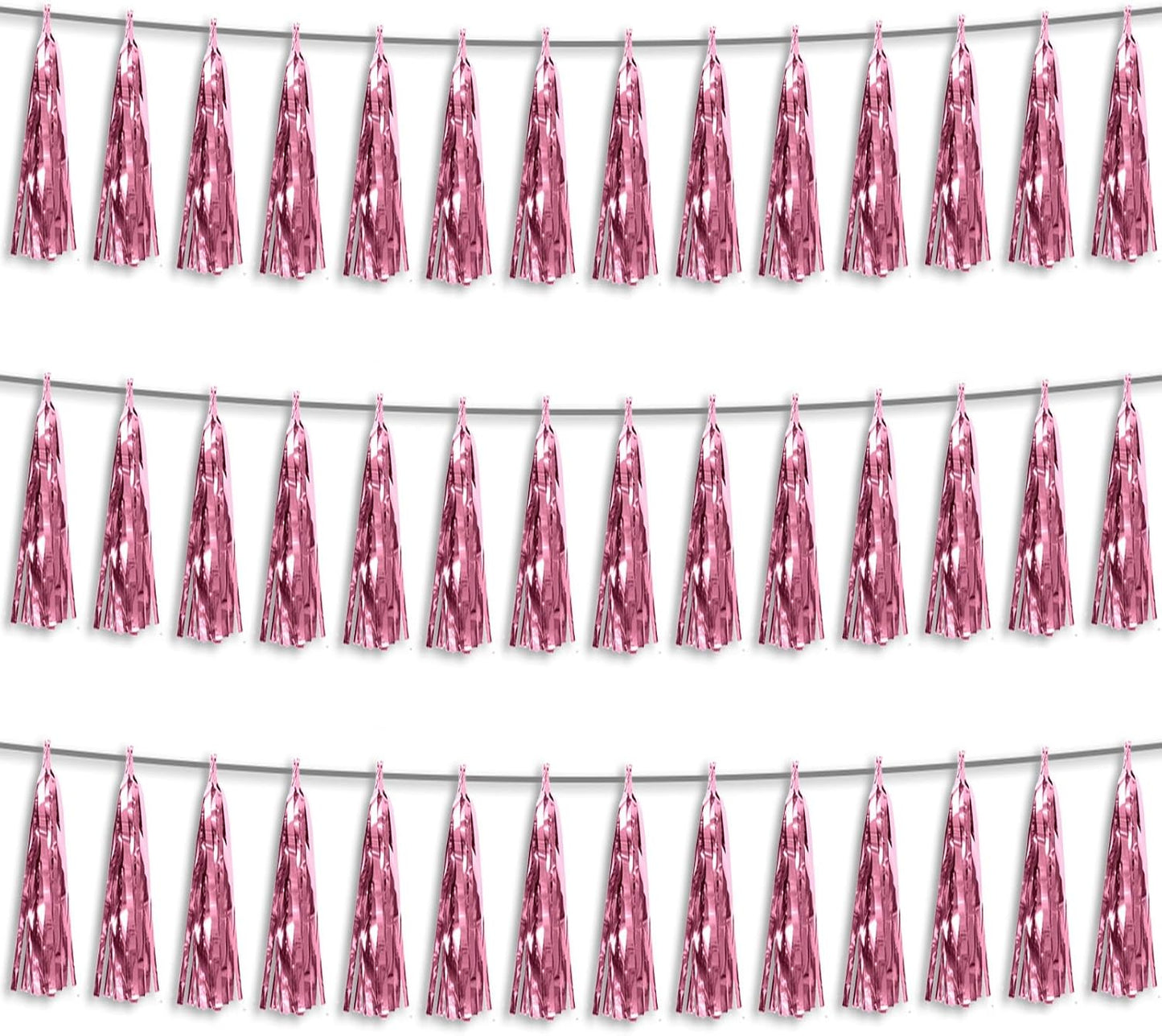 3P Light Pink Foil Fringe Metallic Tassel Streamers Banner Tassel Garland for Parade Floats, Bachelorette, Wedding, Birthday, Halloween, Christmas, Bridal/Baby Shower Party Decorations