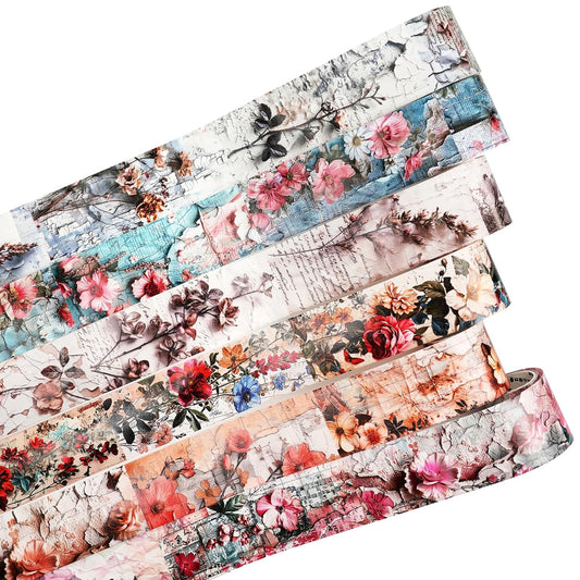 Vintage Floral Washi Tape Set – 6 Rolls, 2M Non-Repeating Flower Collage Designs, Decorative Craft Tape for Scrapbooking, Journals, Planners with Accessory Clip Included