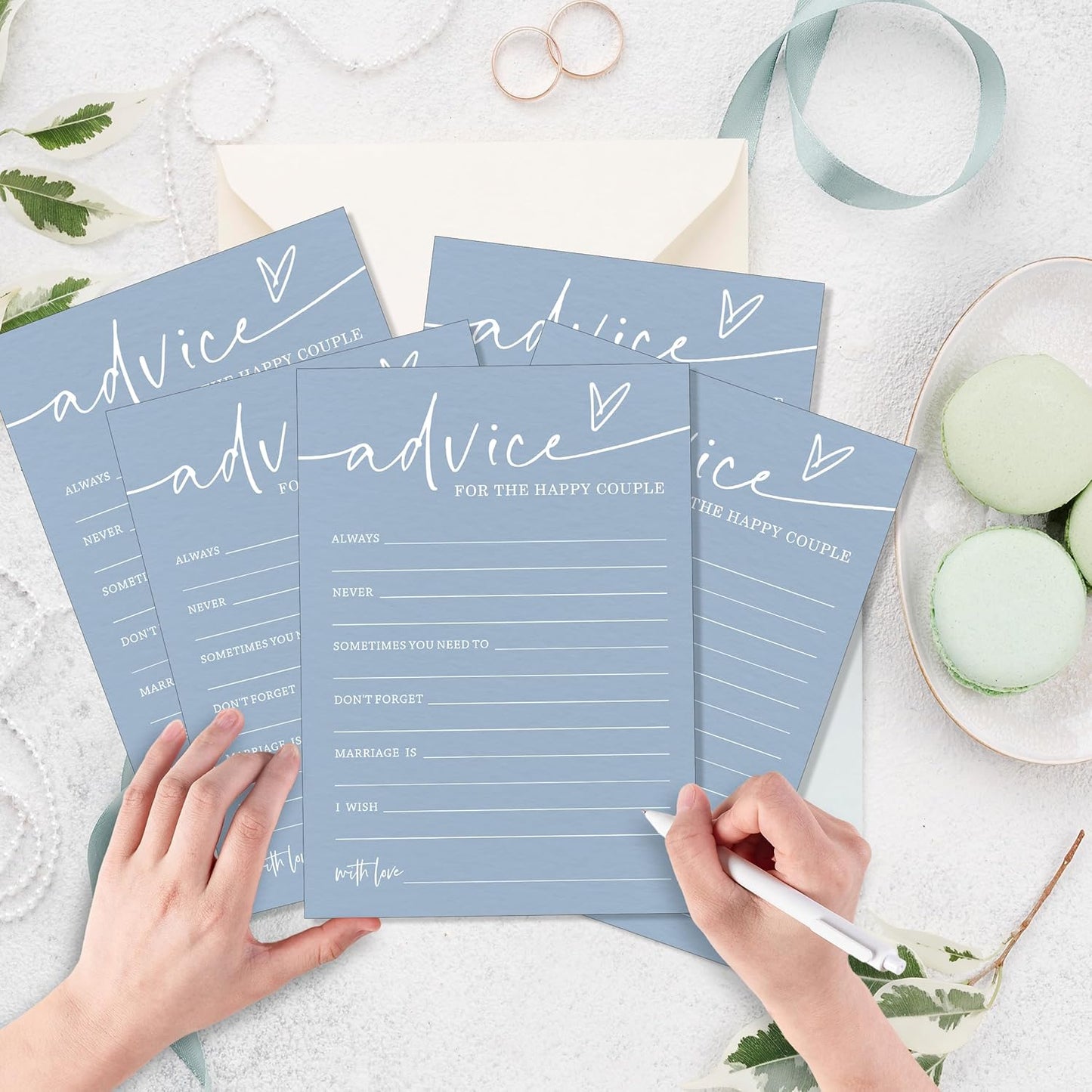 Wedding Advice Cards - Bdvice and Wishes for the Newlyweds Mr and Mrs Bride & Groom Perfect for Bridal Shower Wedding Games and Guest Book Alternative Pack of 25 Minimalist Blue 5x7 Inch Cards - B10