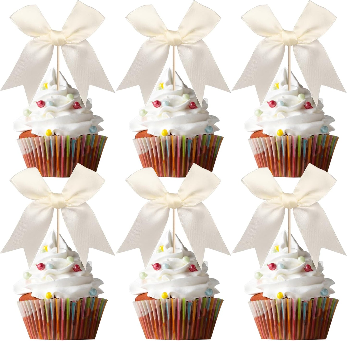 24 PCS Bow Cupcake Toppers Bowknot Coquette Bow Girls Birthday Cake Decorations Bow Cake Toppers Bowknot Cupcake Picks for Baby Shower Birthday Wedding Bridal Engagement Party Supplies Beige