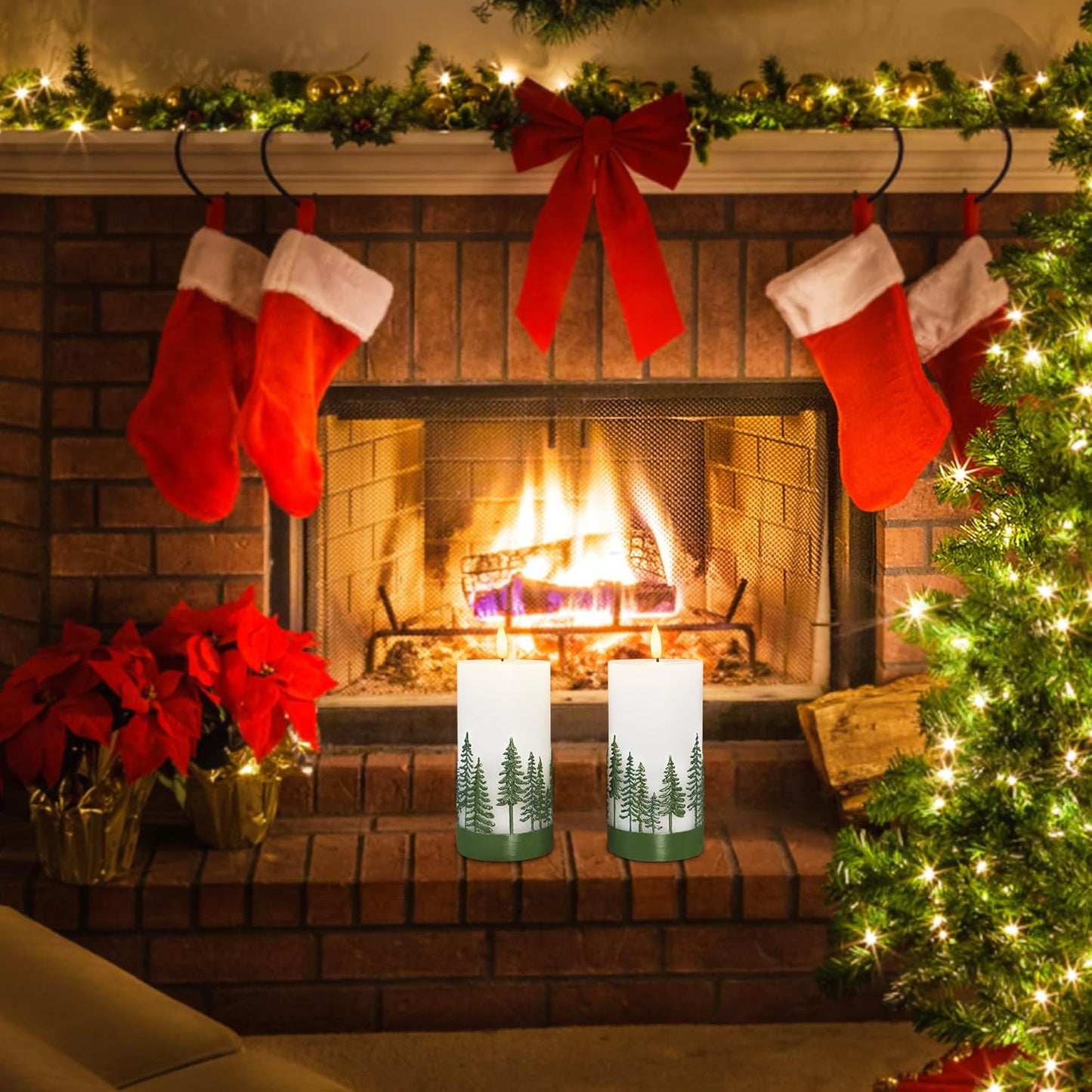 Silverstro Holiday Flameless Candles Green Hand Drawn Christmas Tree Design with Remote Control, Flickering Real Wax Christmas LED Candles - Home Party Bathroom Room Xmas Decorations - Set of 2