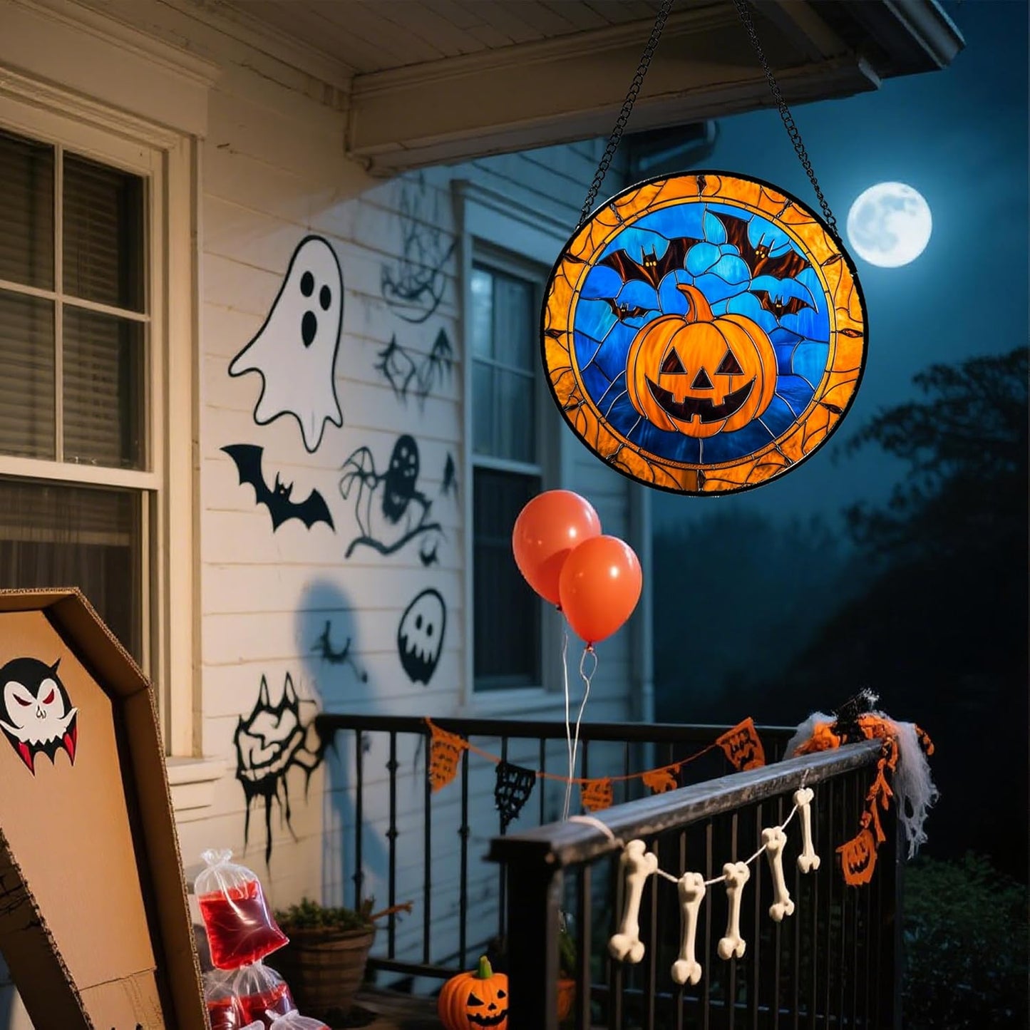 Stained Glass Window Hanging - Halloween Evil Pumpkin Suncatcher for Doors Window Garden Indoor Spooky Brown Bat Sun Catchers Gothic Decor Horror Gifts for Women Men Friend Boy Girl 9.8 in