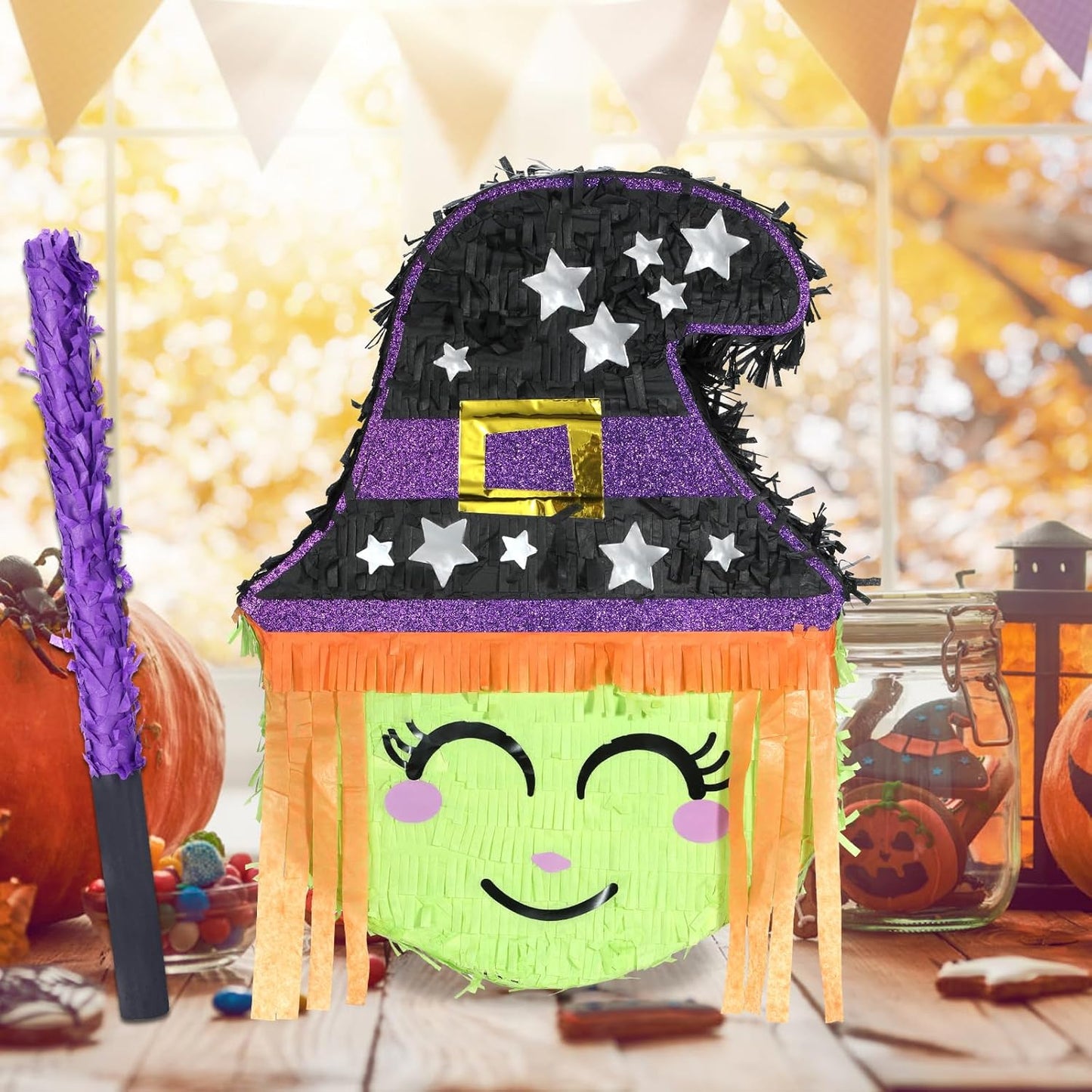 Halloween Witch Pinatas Bundle with a Blindfold and Bat (16.5x12.5x4 Inches), Wizarding Theme Birthday Party