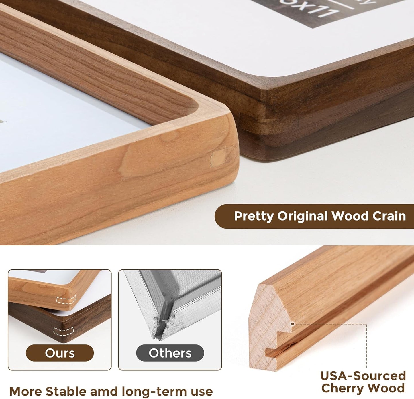 12x16 Picture Frame USA-Sourced Natural Cherry Wood Solid Original Wood Photo Frame Rounded Corner with Mat to 8.5x11 Picture Display with Real Glass Family, Wedding Picture, Photo, Certificate