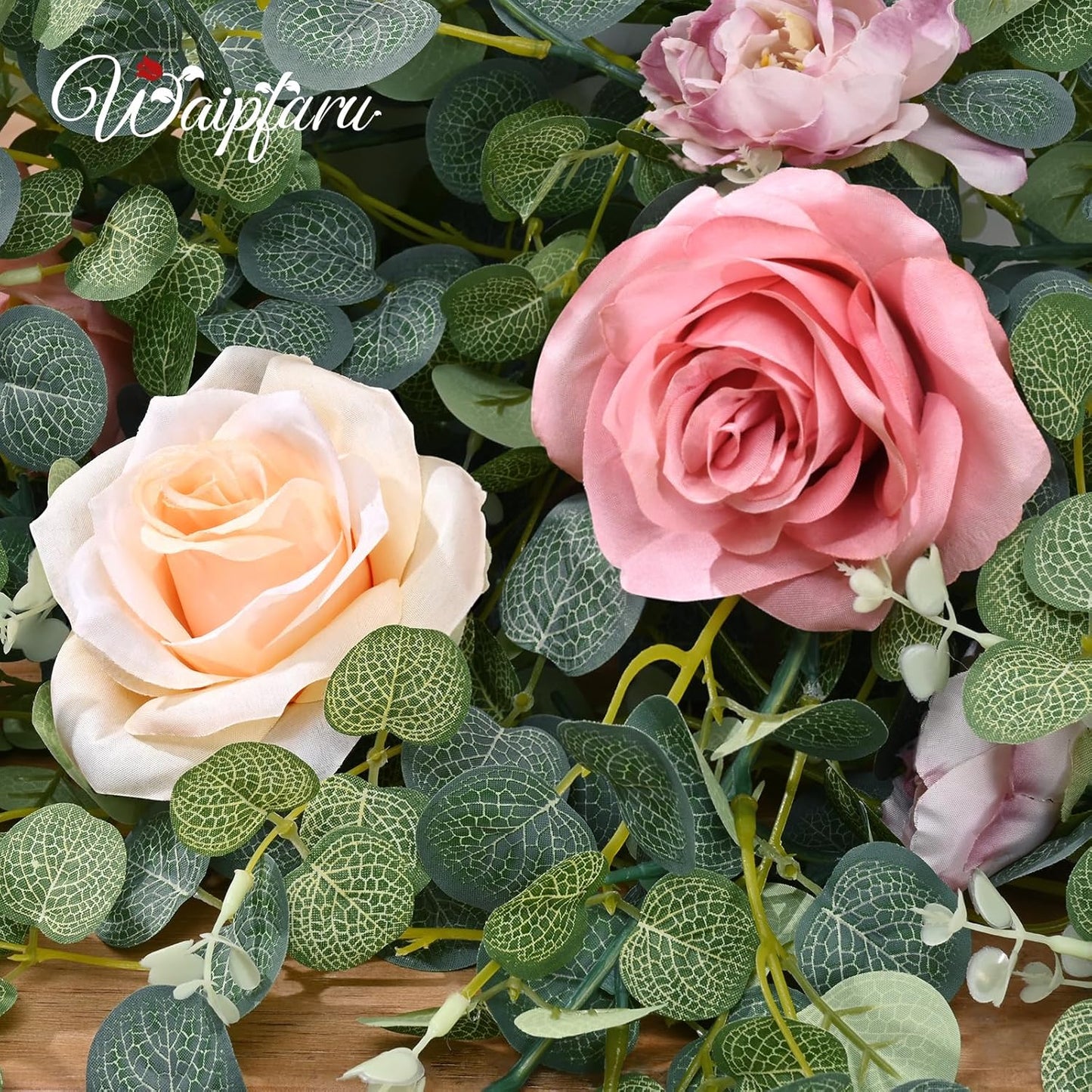 Waipfaru Artificial Flower Garland with Lights, 6.07Ft Lighted Eucalyptus Greenery Garland, Pink Rose Floral Vines for Wedding Table Runner Centerpieces Backdrop Decor