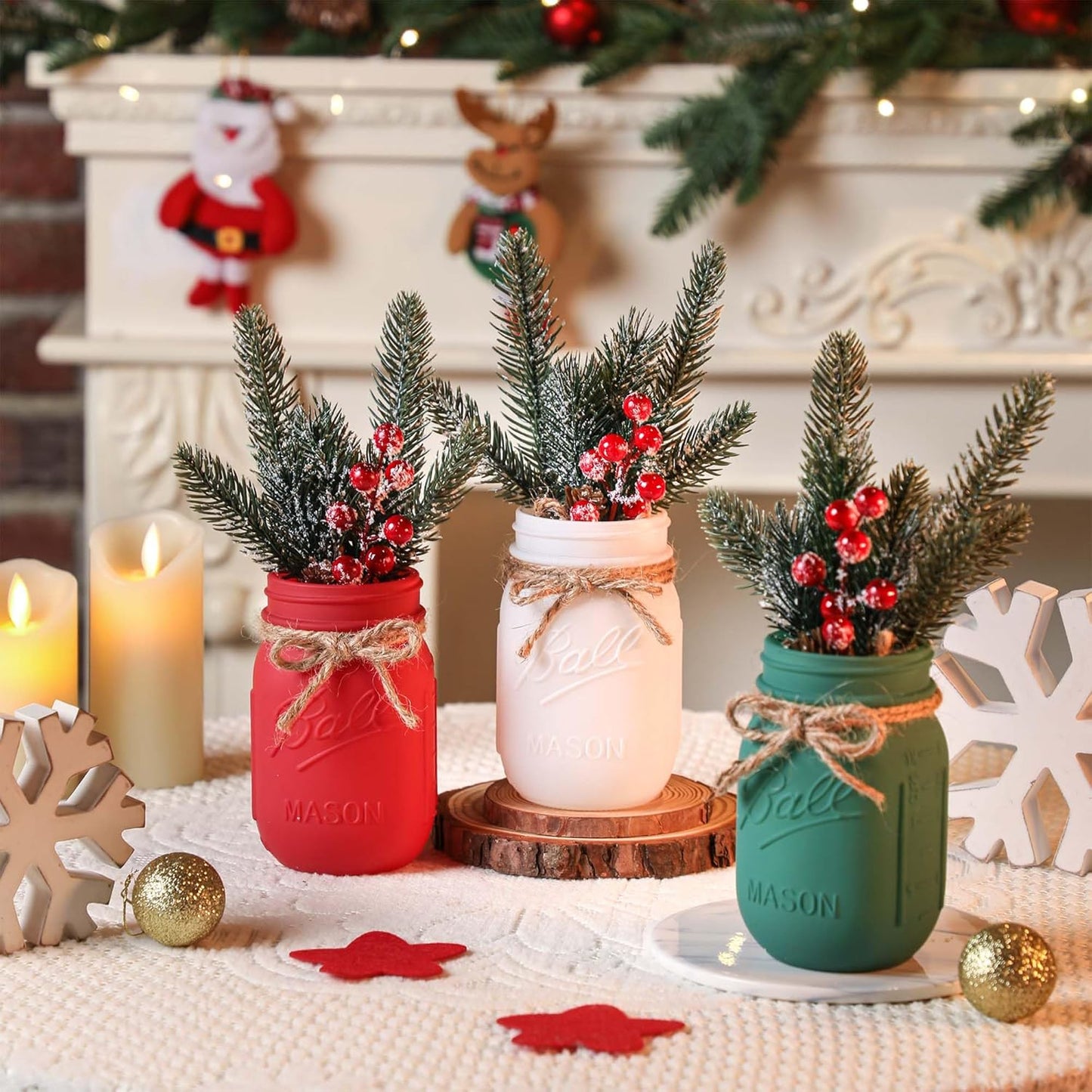 Winter Mason Jars, Winter Centerpieces for Tables, Wood Tray & 3 Painted Decorative Jars, Christmas Table Centerpieces Decoration, Farmhouse Dining Table Kitchen Decorations Home Decor