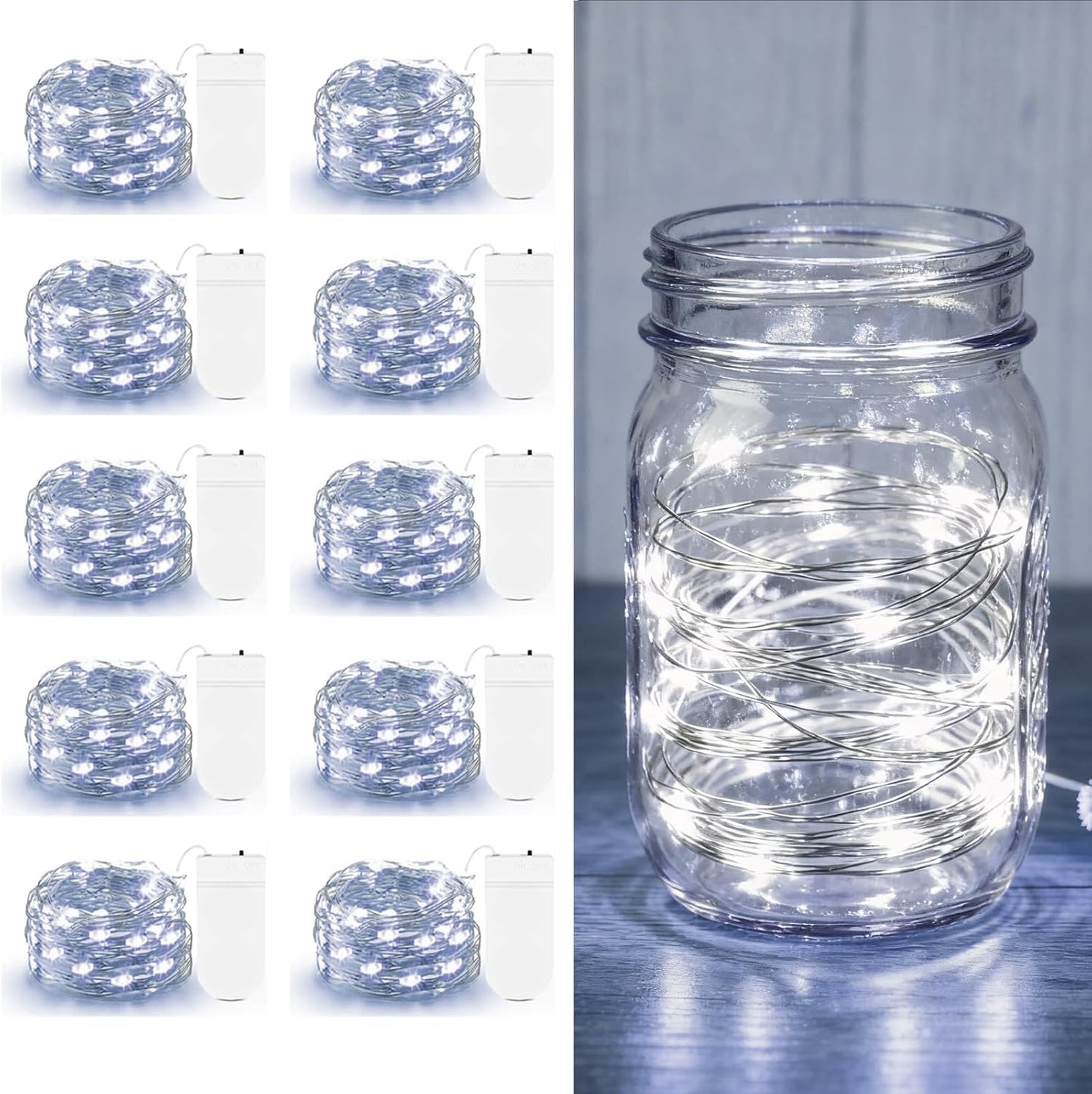 10 Pack Fairy Lights Battery Operated - 7ft 20 LED Twinkle Lights Copper Wire Mini String Lights Firefly Lights for Mason Jars DIY Crafts Christmas Wedding Party Centerpiece Table Decor, Cool White