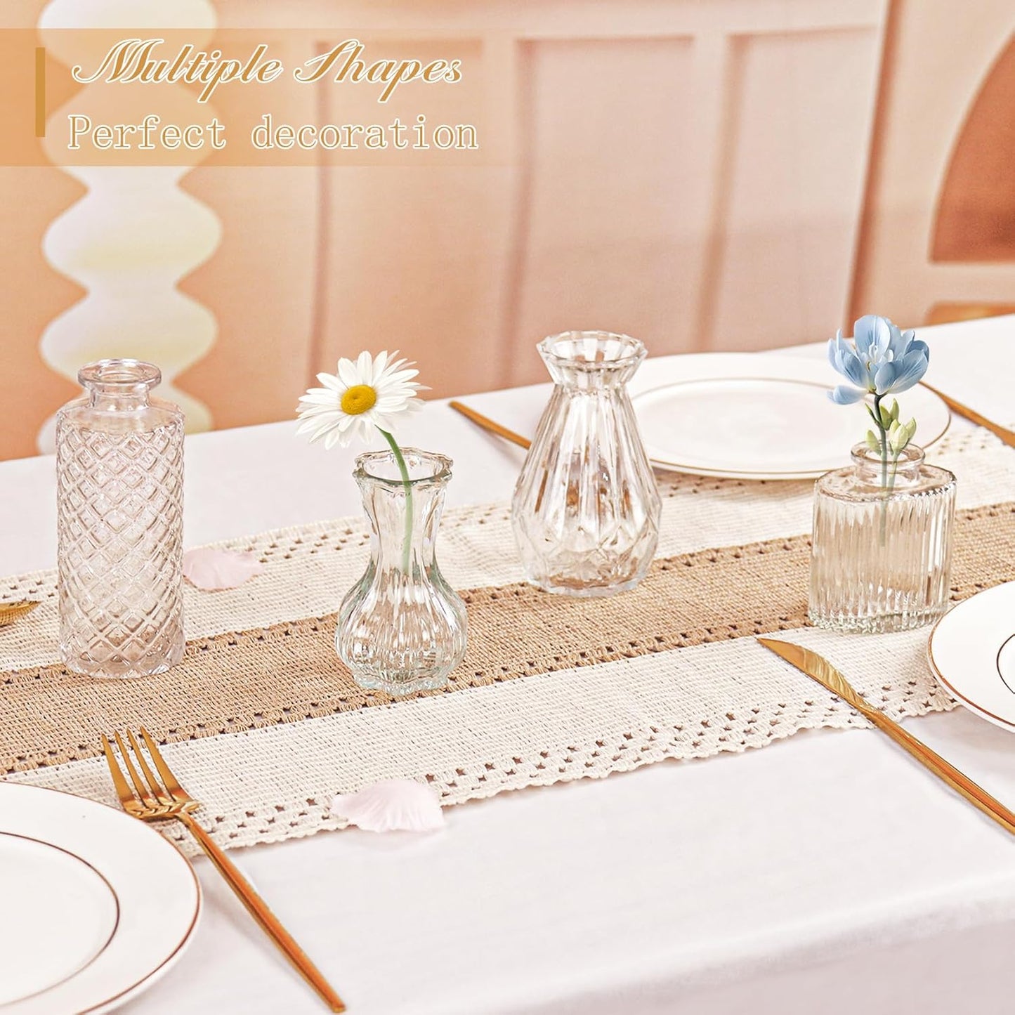 Set of 4 Glass Bud Vase Set, Small Vintage Clear Flower Vase Centerpieces for Table Bulk Cute Rustic Style Mini Vase for Home Decor Wedding Baby Shower Birthday Party