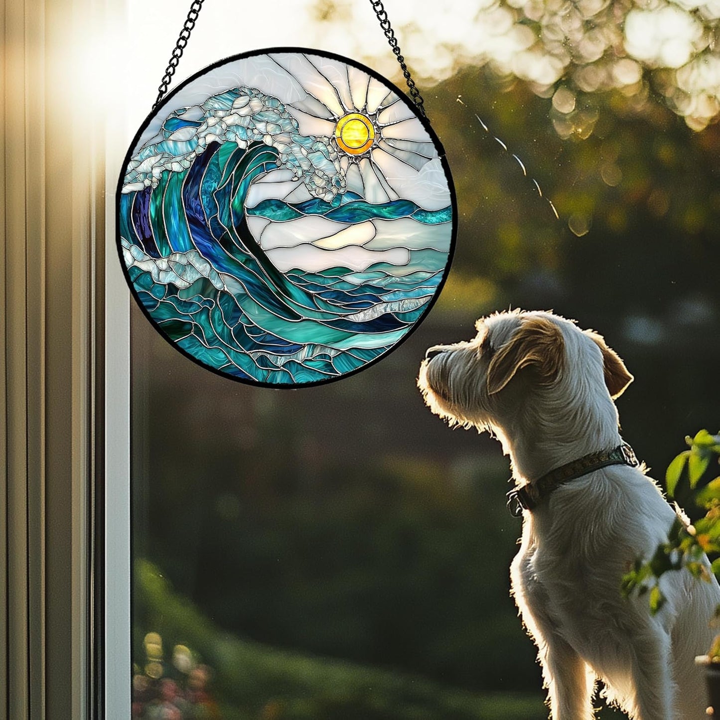Stained Glass Window Hanging - Blue Green Waves Suncatcher for Door Terrace Garden Home Decor Sunrise Over The Sea Sun Catcher Birthday Gifts for Lovers Women Men Dad Mom Nana 11.8 in