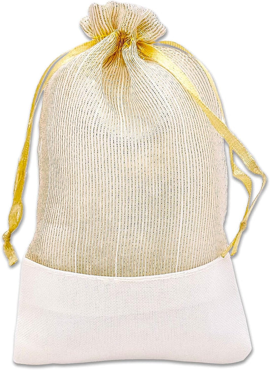 TheDisplayGuys For Your Modern Living 24-Pack Linen & Gold Organza Gift Bags with Drawstrings (Small 4 x 6) - Party Favors, Samples, Treats Mesh Pouches