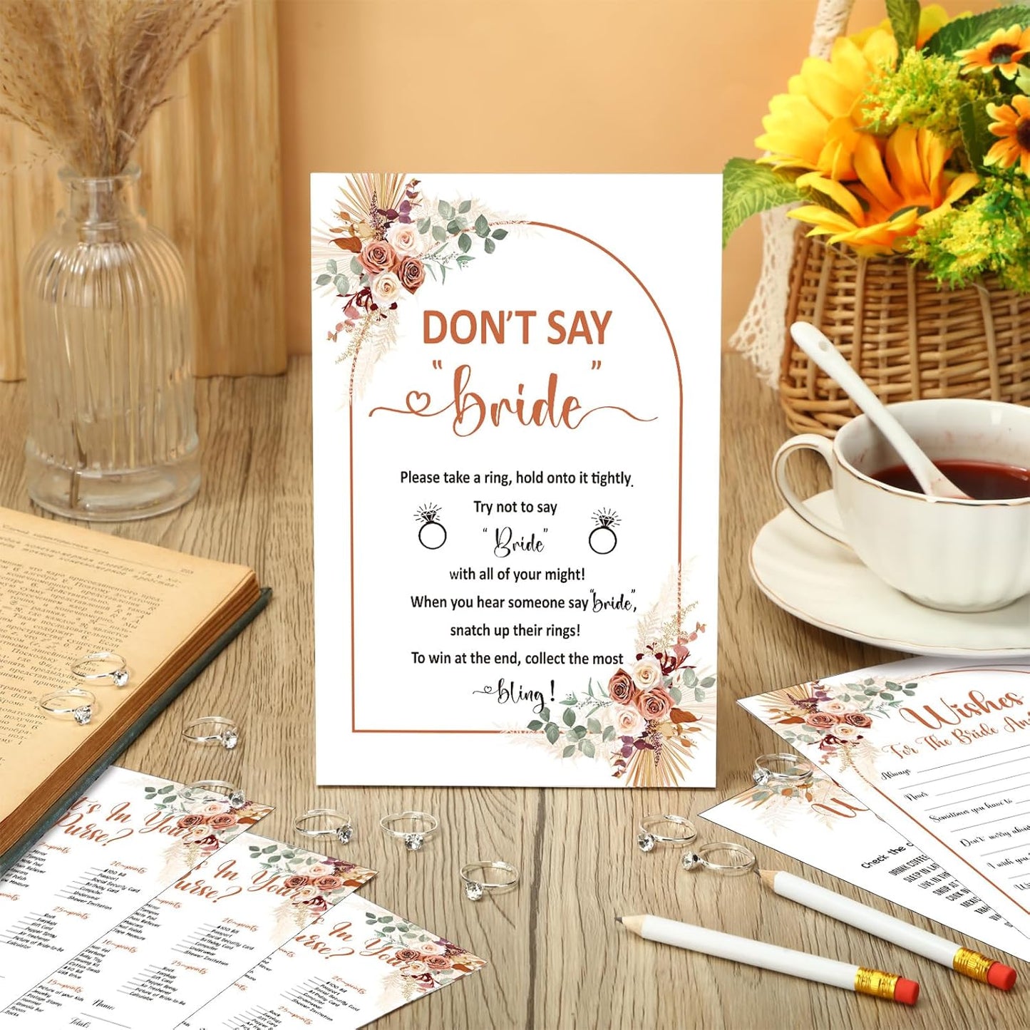 Estune 331 Pcs Bridal Shower Games Supplies, 5 Sets 250 Pcs Wedding Cards 1 Put a Ring on It Bridal Shower Games with 60 Rings and 20 Pencils(Boho Style)