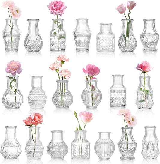Tebery 20 Pack Glass Bud Vases, Clear Small Flower Vase for Centerpieces, Vintage Mini Glass Vase Set Bulk for Table Wedding Home Party Decoration