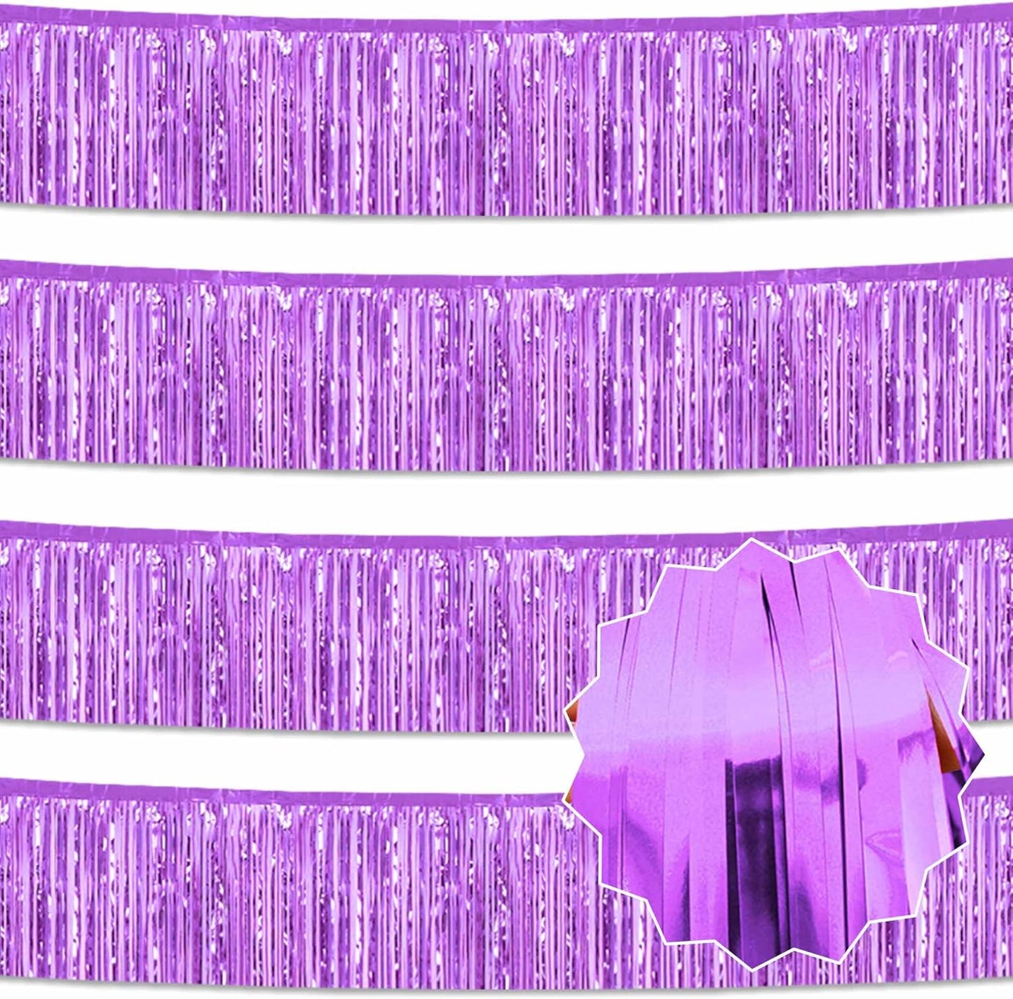 4 Pack 10 Ft Light Purple Foil Fringe Garland Metallic Streamers Tinsel Banner Wall Hanging Garland Backdrop for Parade Floats, Halloween, Christmas, Thanksgiving, New Year Party Decorations