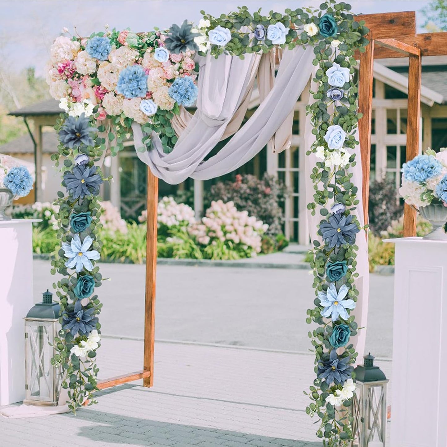 Waipfaru 2Pcs Artificial Eucalyptus Garland with Flowers 6.07Ft, Wedding Table Decorations, Floral Rose Garland for Centerpieces Backdrop Wall Flower Vines for Room Decor (Dusty Blue)