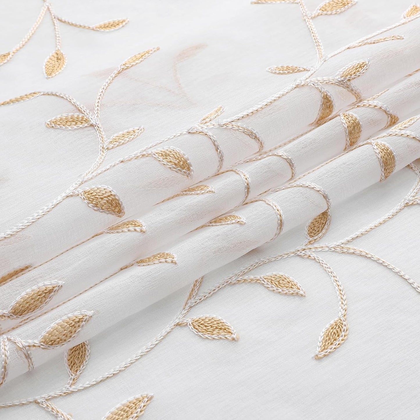 VISIONTEX White Sheer Voile Curtains, Decorative Orange Leaves Embroidery Faux Linen Rod Pocket Window Drapes for Home Kitchen, Living Room and Bedroom 54 x 72 Inch, Set of 2 Curtain Panels