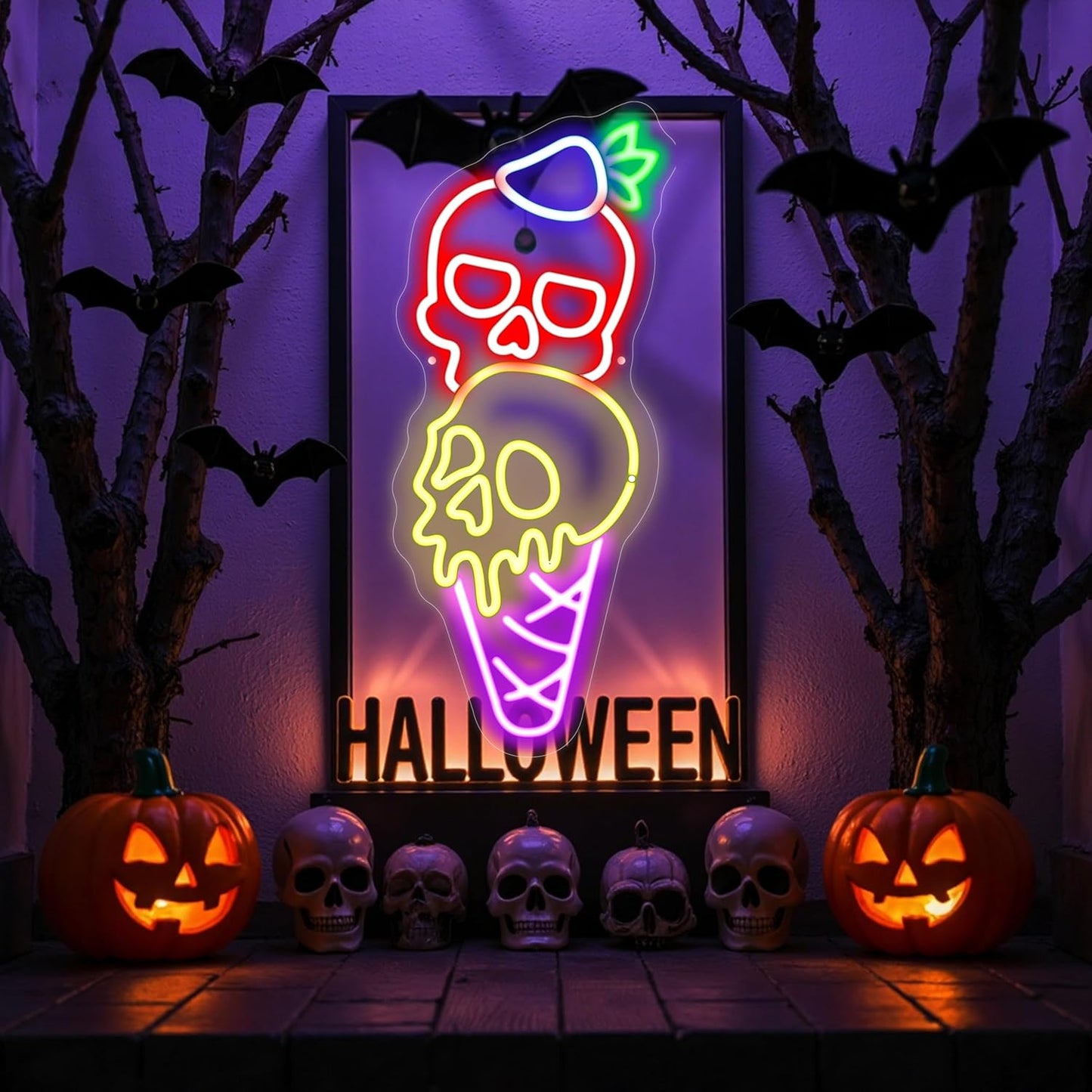 Halloween Ice Cream Skull Neon Sign, Quirky Gothic LED Wall Art,Skull Neon Light Ice Cream Neon Lighht Halloween Decor Wall Halloween Neon Sign Coffee Shop Decor, Christmas Party Bar Drink Shop-Red