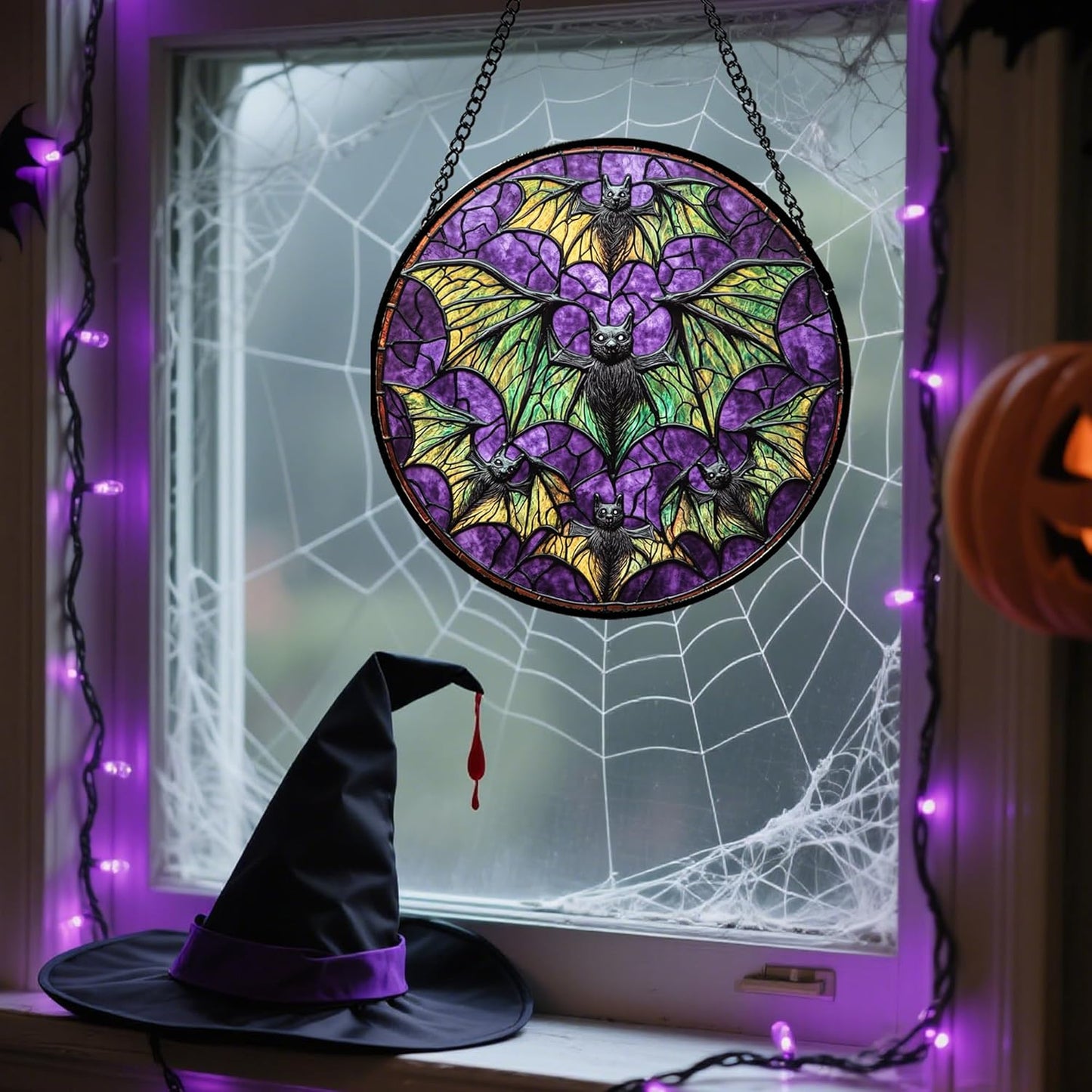 Stained Glass Window Hanging - Halloween Decorations Bats Suncatcher for Doors Garden Indoor Spooky Funny Purple Sun Catchers Gothic Decor Horror Gifts for Women Men Friend 7.8 in