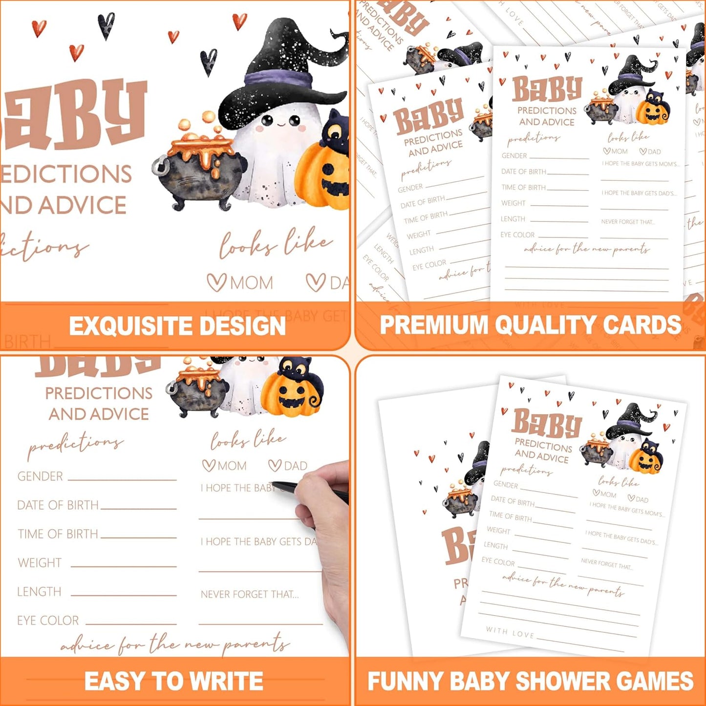 Baby Shower Games, Halloween Baby Predictions and Advice Cards, 25 Double-Sided Game Cards for Gender Reveal Party Decorations Supplies Announcement - B02