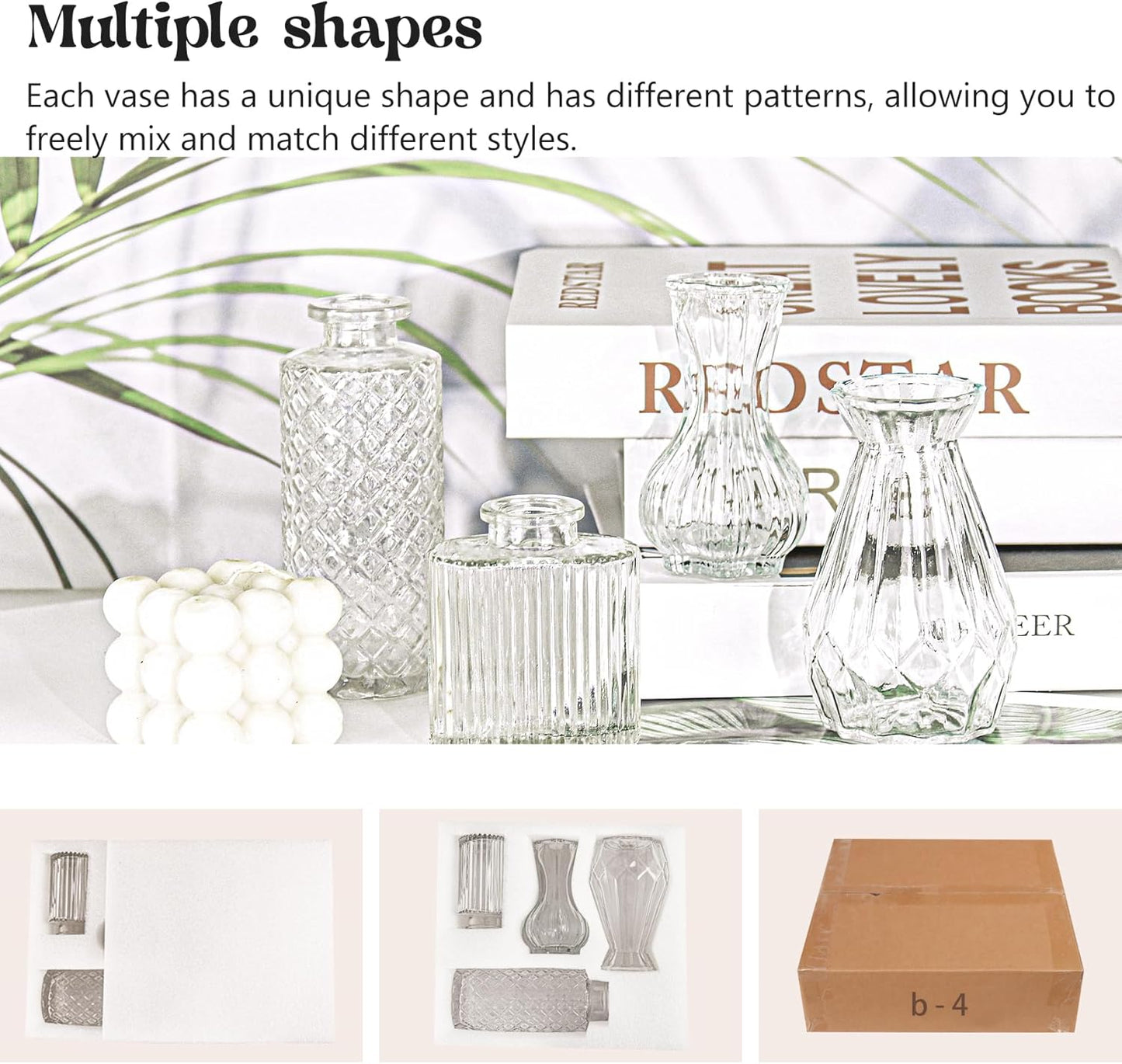 Set of 4 Glass Bud Vase Set, Small Vintage Clear Flower Vase Centerpieces for Table Bulk Cute Rustic Style Mini Vase for Home Decor Wedding Baby Shower Birthday Party