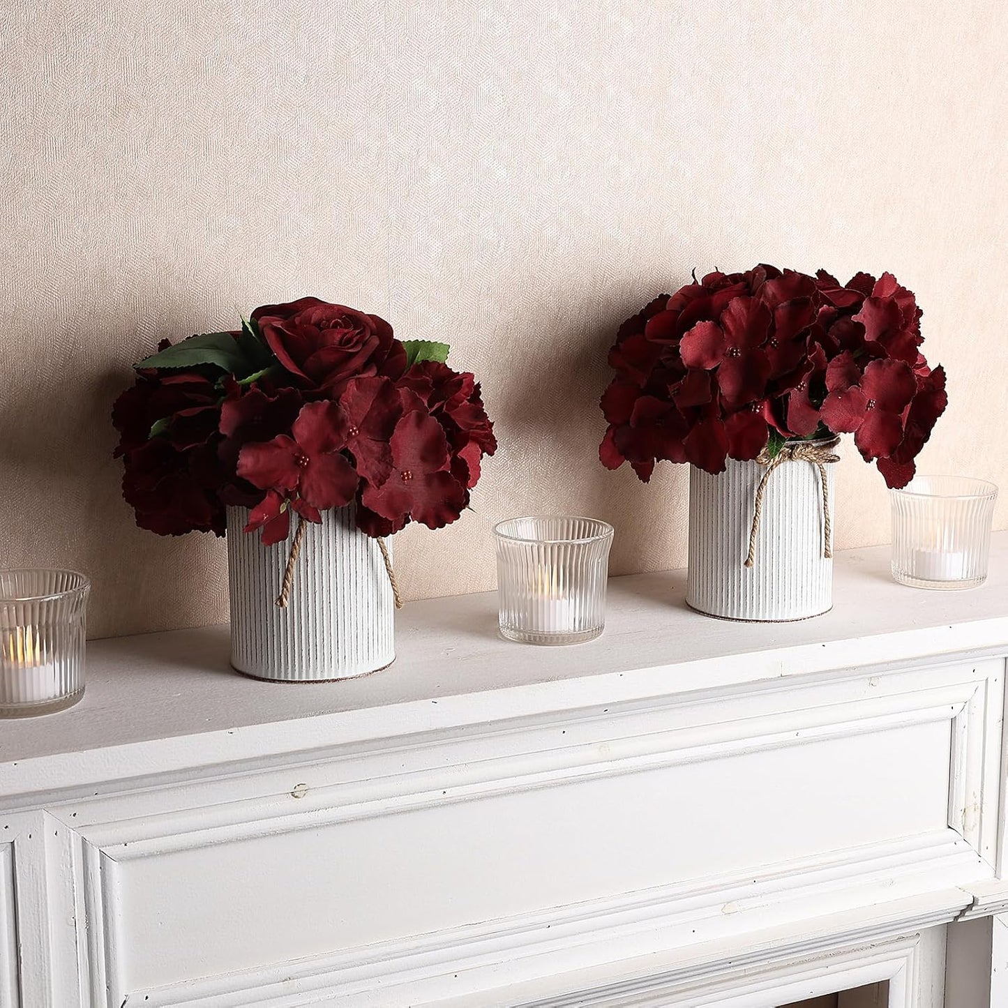 Flower Table Centerpieces - Set of 6 Floral Arrangement Artificial Wedding Hydrangeas Floral Arrangement with Rustic Metal Vase for Bridal Tea Party Event Decorations - Burgundy