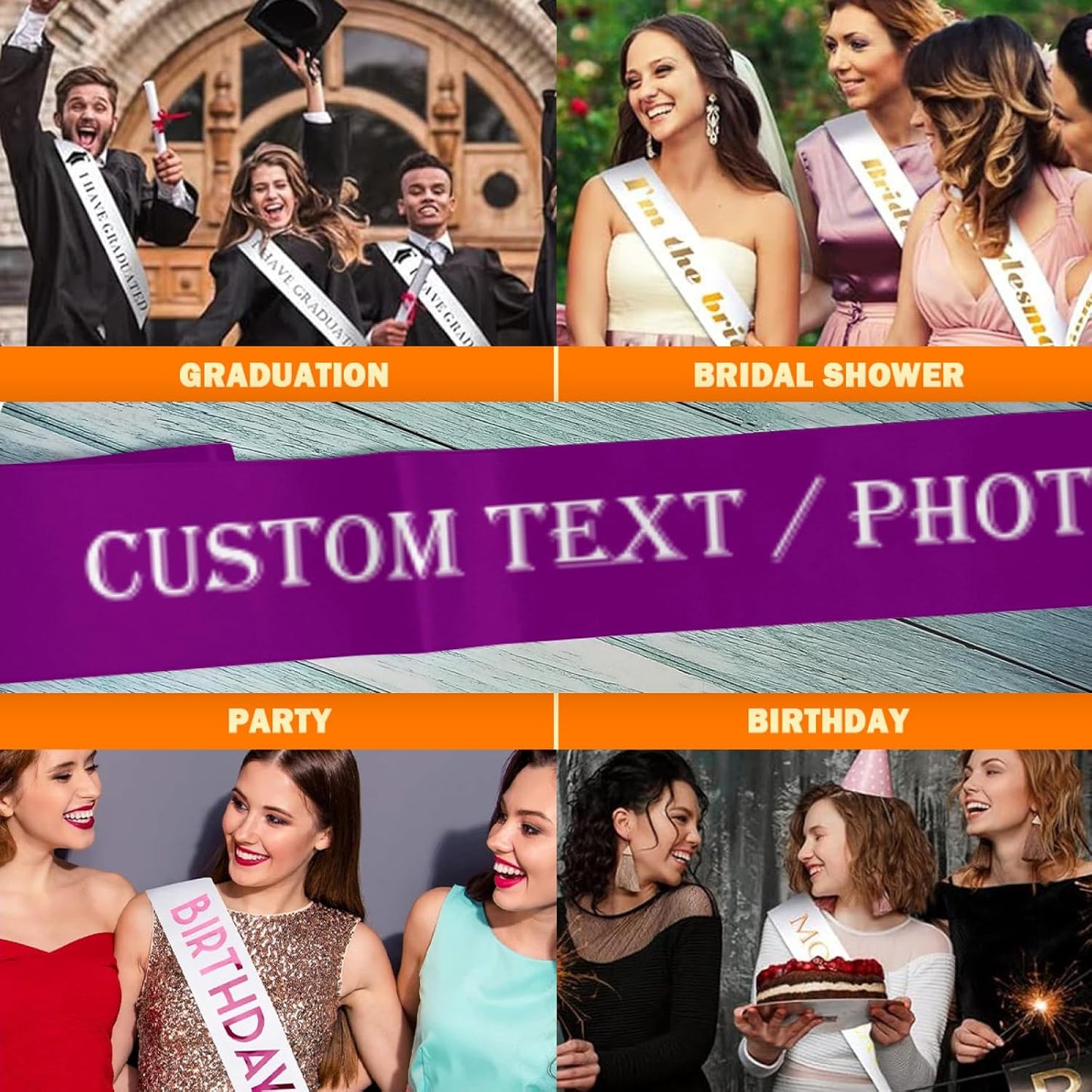 Custom Sash,Personalized Birthday Sash with Text Photo,Customized Bachelorette Sash Quote Sash Bride to Be Sash Color Optional (No decorative edge, Dark Purple)