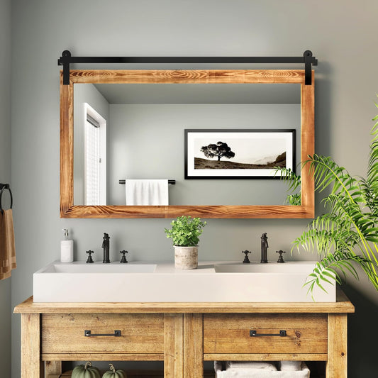 COGOOD Farmhouse Bathroom Mirror - 49 x 30 Rustic Wood Framed Wall Barn Door Mirror for Entryway, Living Room, Entryway Wall Decor (Brown)