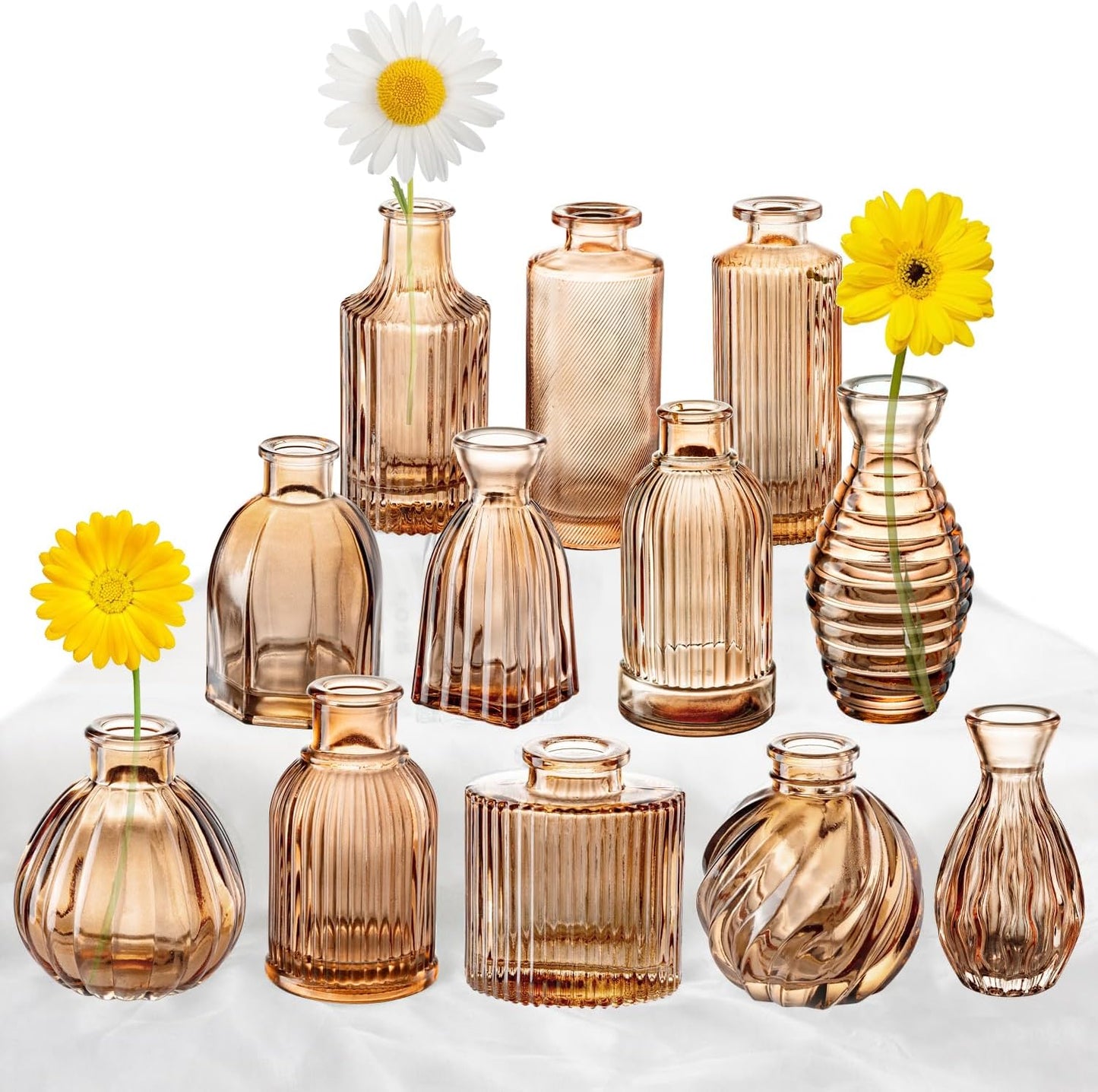 Bud Vases Set of 12, Amber Vase Small Glass Vases for Flowers Modern Ribbed Amber Glass Bud Vase for Decor Flower Vase in Bulk Vintage Decor Boho Wedding Centerpieces Rustic Home Table Decoration