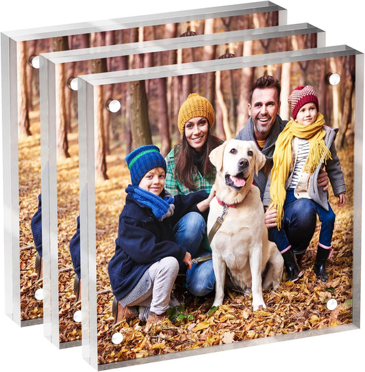 4x4 Acrylic Picture Frame 3 Pack, Clear Freestanding Double Sided Frameless Magnetic Photo Frames, Desktop Display Decor Gift
