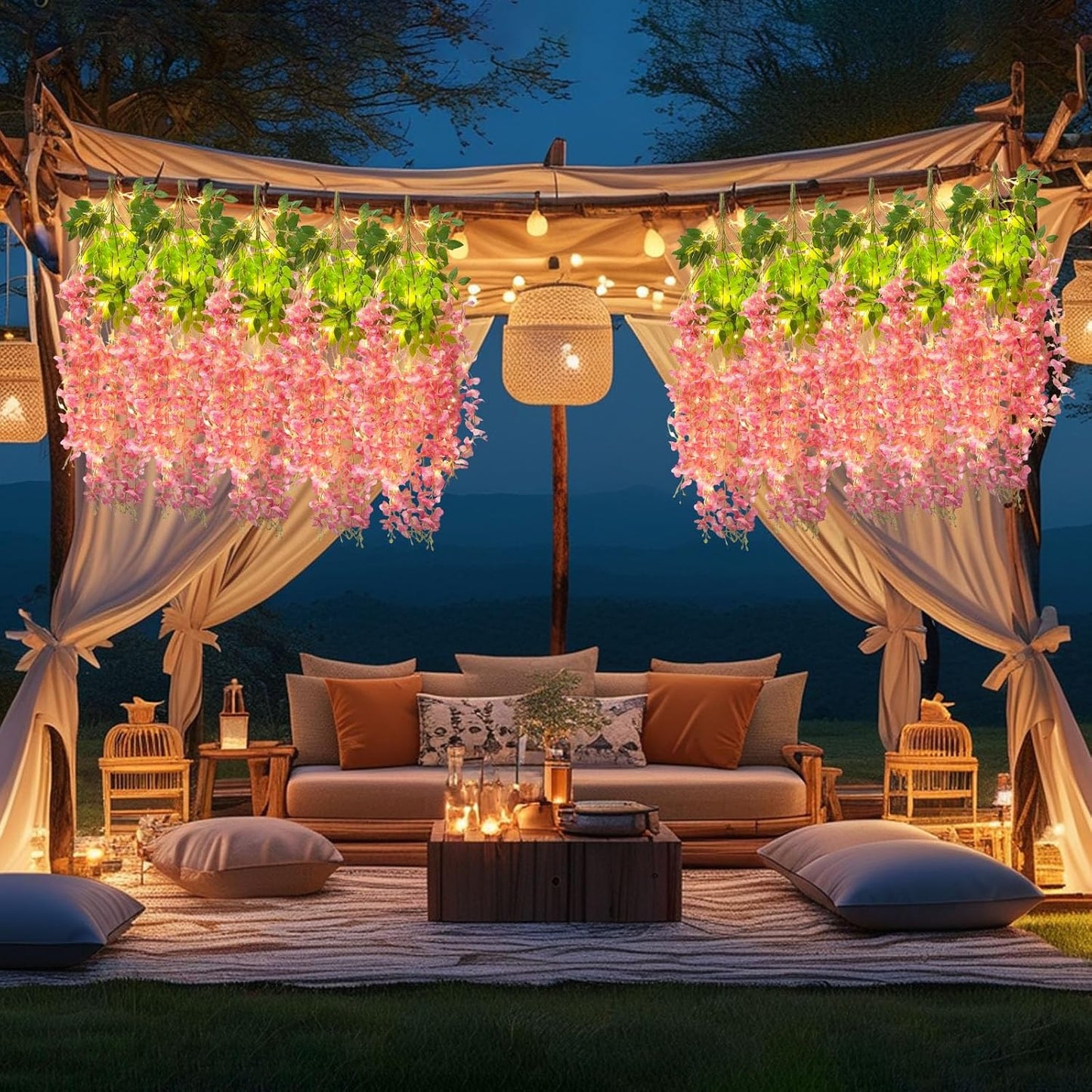 12 Pack Dark Pink Wisteria Hanging Flowers Garland with Lights, 3.44 Feet Artificial Flower Vines, Fake Wisteria, Artificial Vines Hanging Garland for Backdrop Outdoor Patio Garden Decor