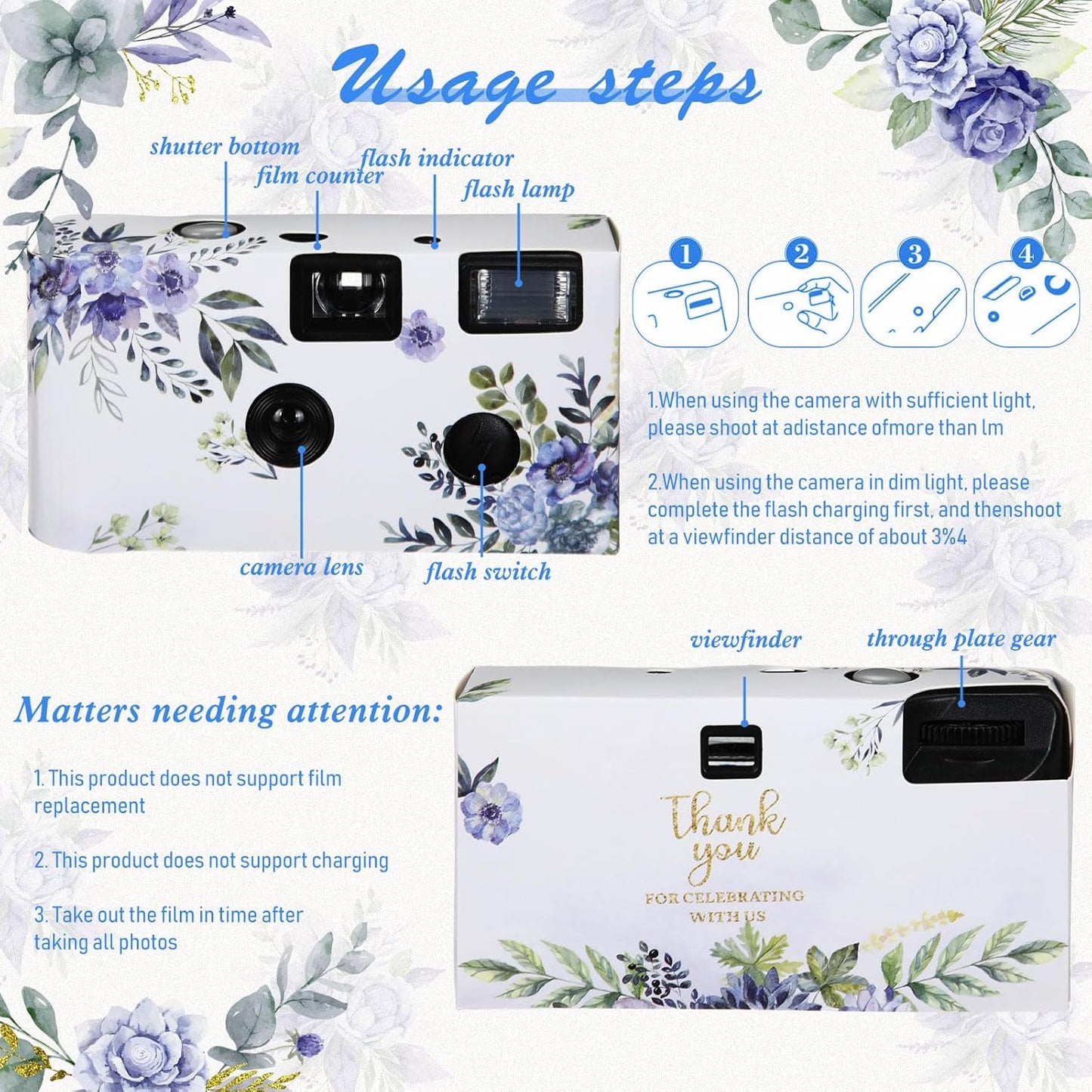 Kanayu 10 Pack Disposable Camera for Wedding Floral 35mm Single Use Film Camera with Flash One Time Use Camera for Anniversary Concert Travel Camp Party Supply Gift Honeymoon(Blue Poppy)