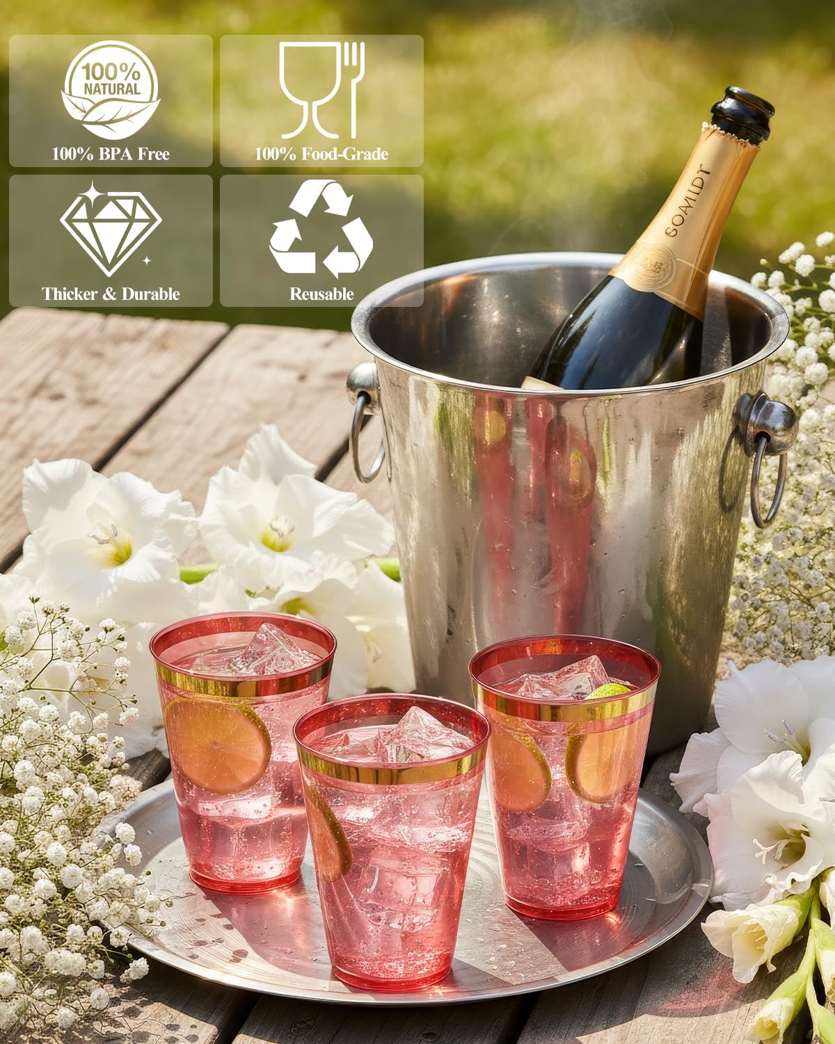 Goodluck 50PCS 14oz Red and Gold Plastic Cups for Party, Disposable Gold Rim Cups, Plastic Cocktail Glasses for Wedding Thanksgiving, Christmas, and Parties