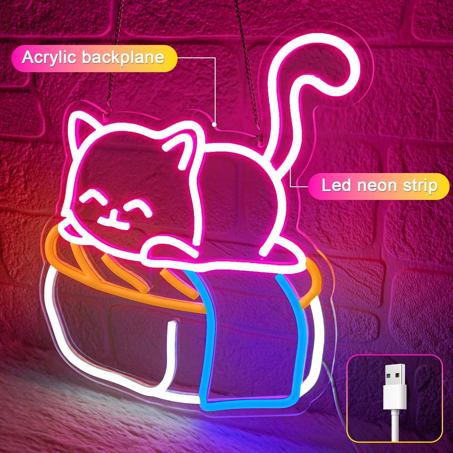 Cute Sushi Cat Neon Sign for Bedroom,Light Up Cat Sign for Pet Store Wall Decor,Kawaii LED Neon Light for Cat Sushi Lovers,Pink Cat Wall Sign for Girls Room,Animal Neon Light Up Wall Art