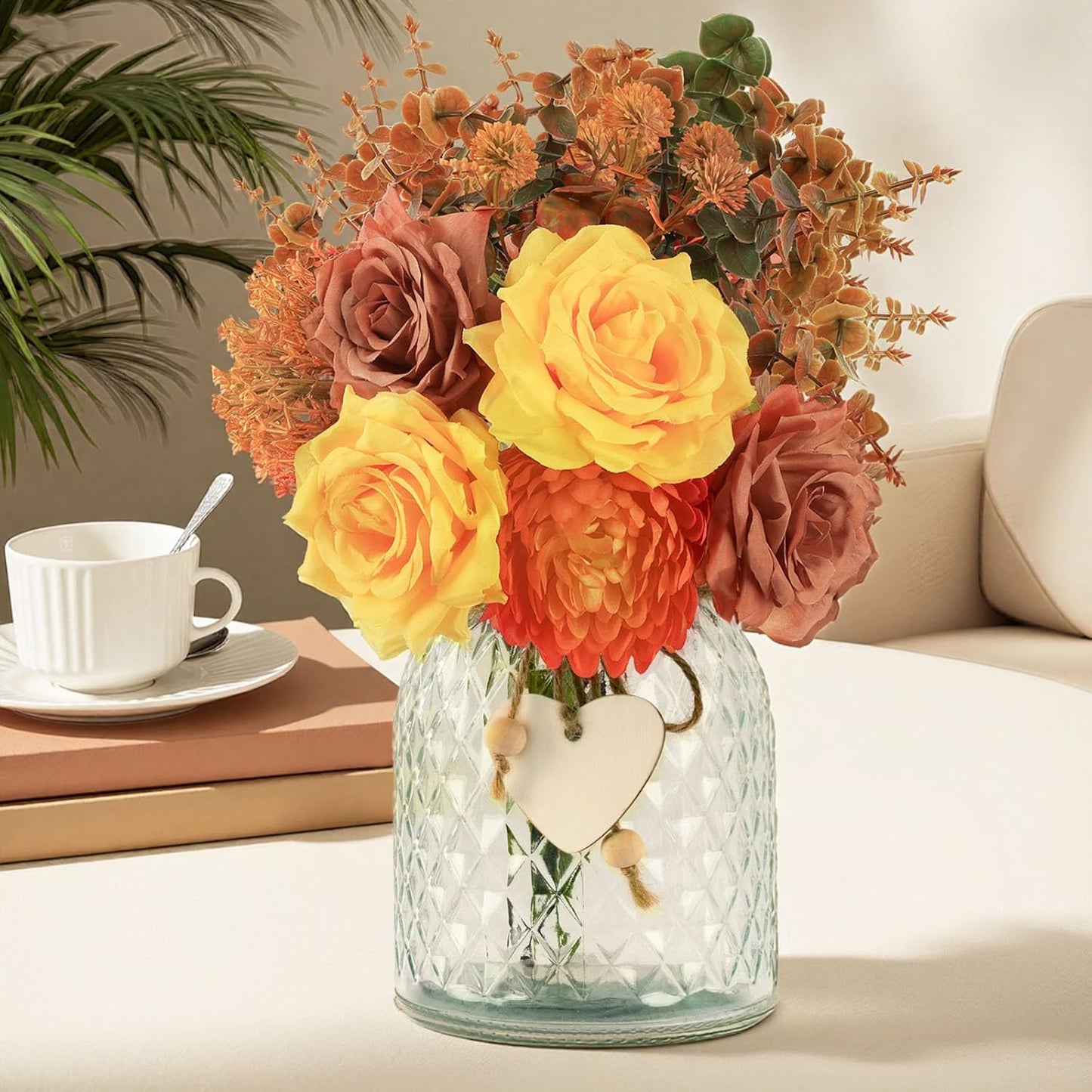 Artificial Fall Flowers in Vase, Yellow Silk Rose with Eucalyptus, Faux Plant Floral Centerpiece for Home Office Dining Table Decor, Fake Hanksgiving Wedding Living Room Farmhouse Autumn Decorations