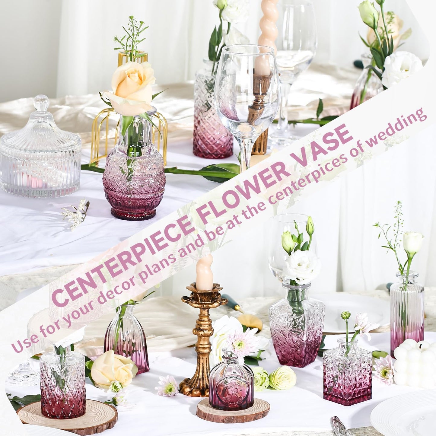 Mini Bud Vases Set of 12 As Wedding Centerpieces for Tables,Clear Bud Vases for Flowers,Small Flower Vases Suitable for Birthday Party,Anniversary,Wedding Reception,Baby Shower (Purple)