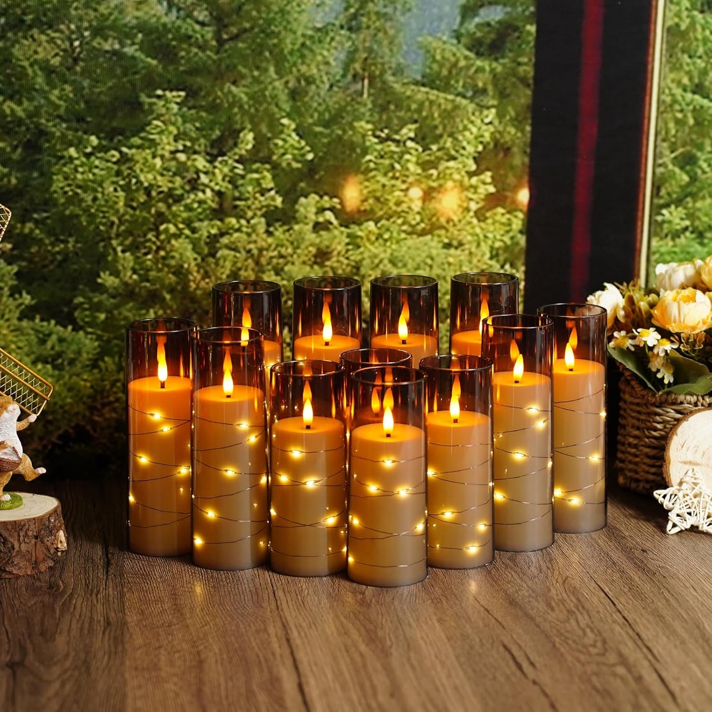 Flameless Candles with Embedded Star String - Battery Operated LED Candles, with Remote,12 Grey Flickering Candles for Christmas, Weddings, Home Decor & Party,(D 2.3"×H 5" 6" 7")