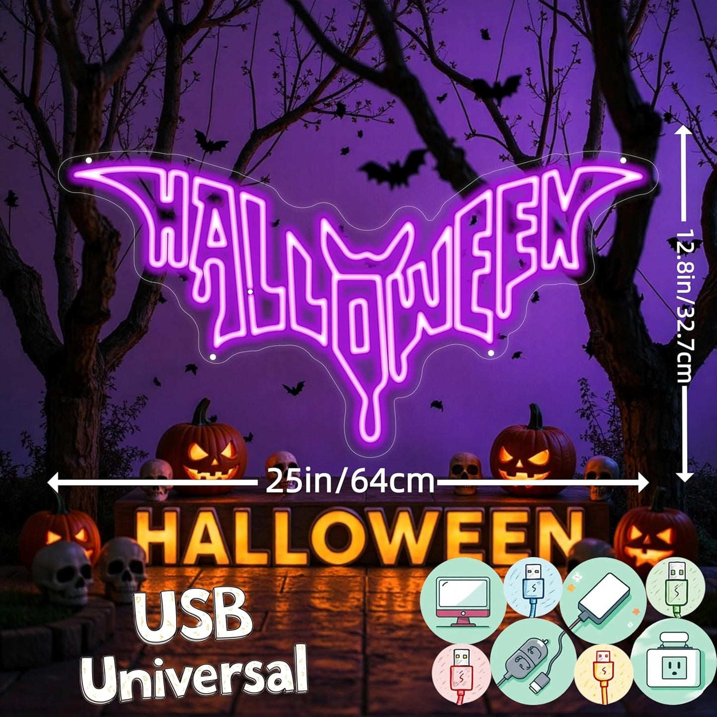 Halloween Bat Shaped Neon Sign Spooky Red LED Wall Decor For Haunted House Party Gothic Bar Room Glowing Halloween Decoration Outdoor Use Bedroom Home Decor Bar LED Decoration Light-Purple