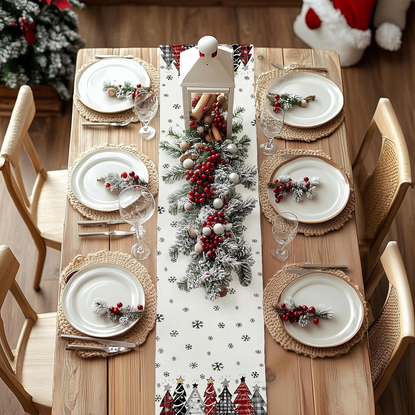 GEEORY Christmas Table Runner 13x108 Inch, Xmas Tees Snowflakes Holiday Decorative Farmhouse Table Decoration for Kitchen Dinning, Indoor Outdoor Dinner Party Decor ((Red & Black) GT165-108