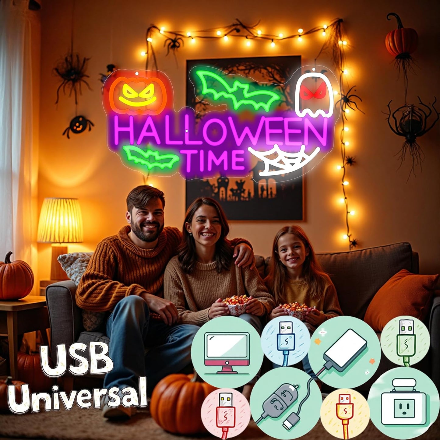 Halloween Time Neon Sign Ghost Decor Sign Spooky Neon Sign, Halloween Hanging Neon Light for Bat Pumpkin Neon Light for Bar Man Cave Horror Party Game Room Man Cave Horror Party Game Room