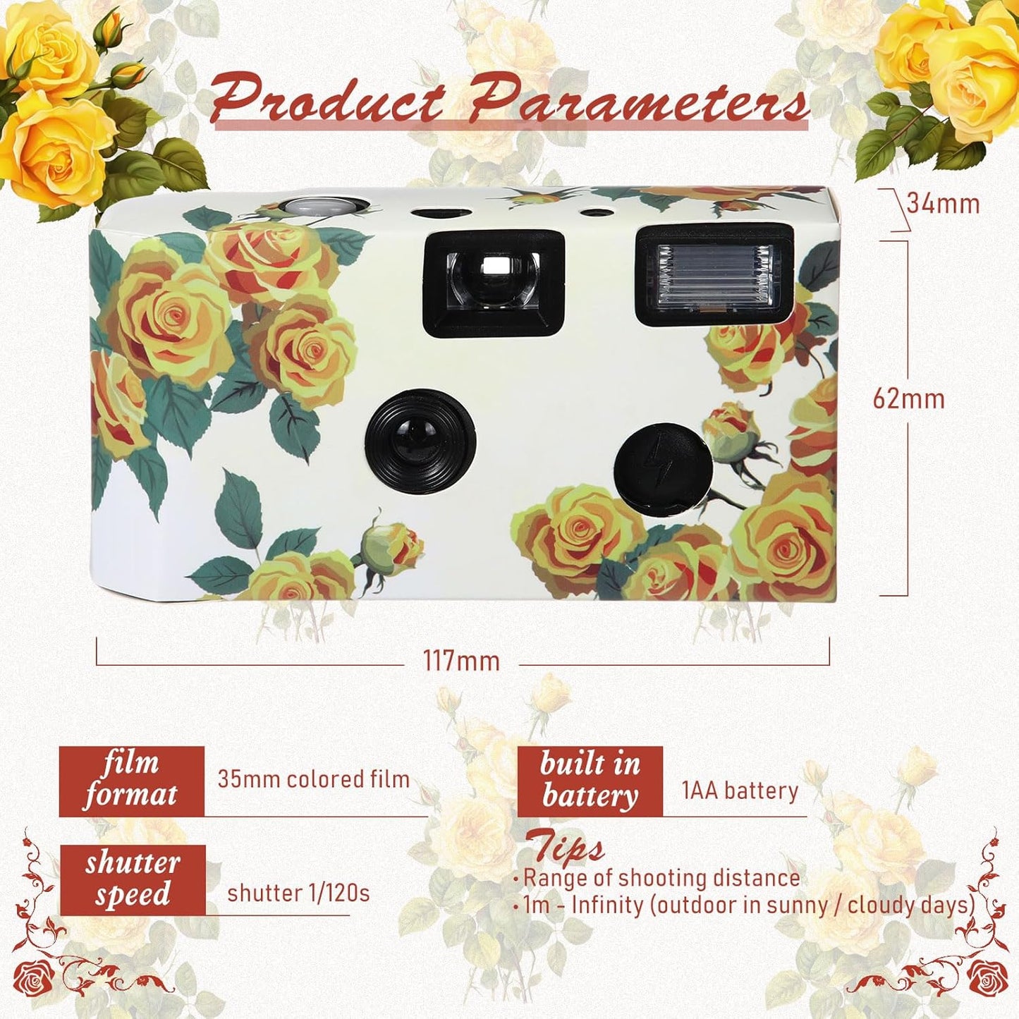 Kanayu 10 Pack Disposable Camera for Wedding Floral 35mm Single Use Film Camera with Flash One Time Use Camera for Anniversary Concert Travel Camp Party Supply Gift Honeymoon (Yellow Rose)
