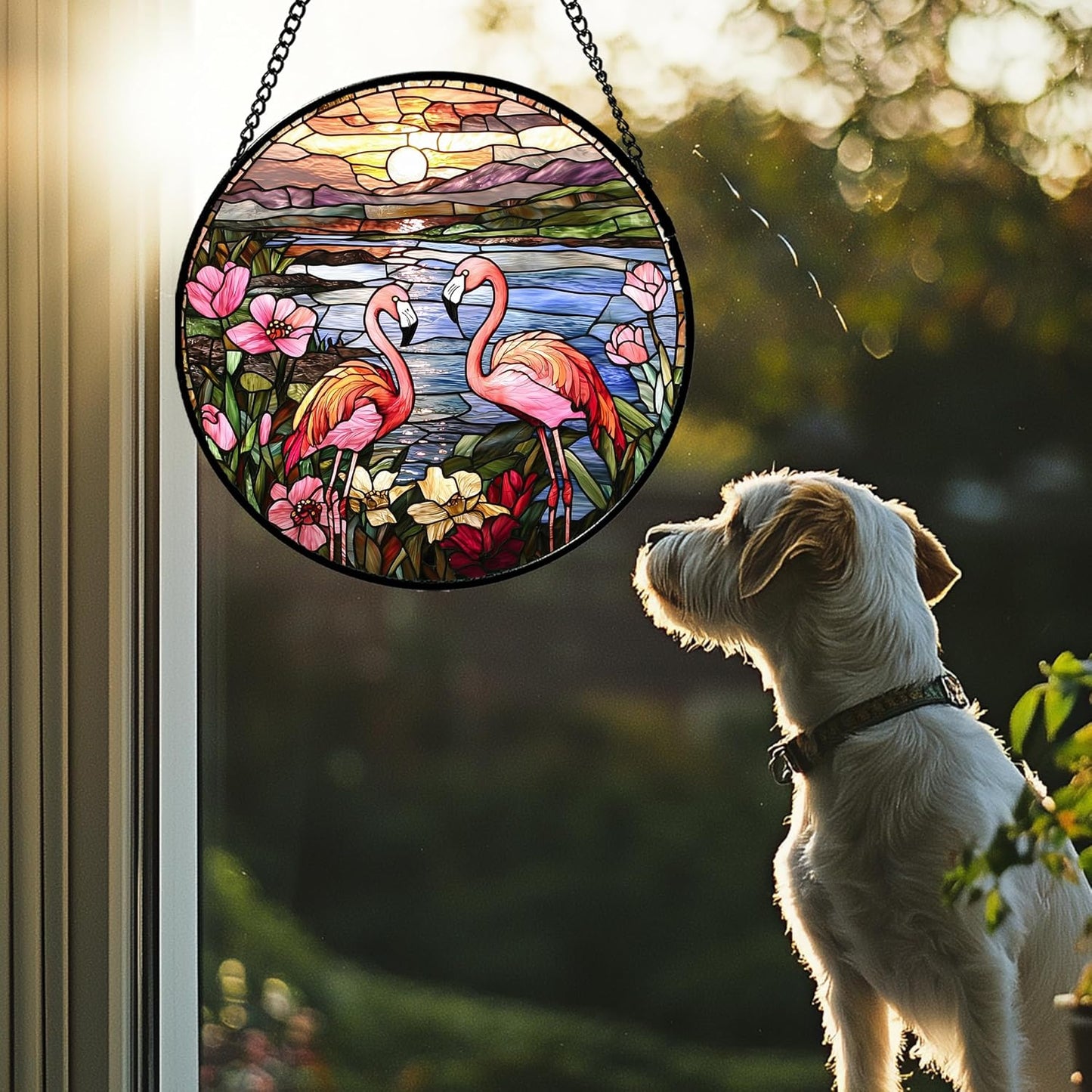 Stained Glass Window Hanging - Flamingo Wildflowers Landscape Suncatcher for Door Terrace Garden Home Decor Sunset Lake Sun Catcher Birthday Gifts for Lovers Women Men Dad Mom Nana 7.8 in