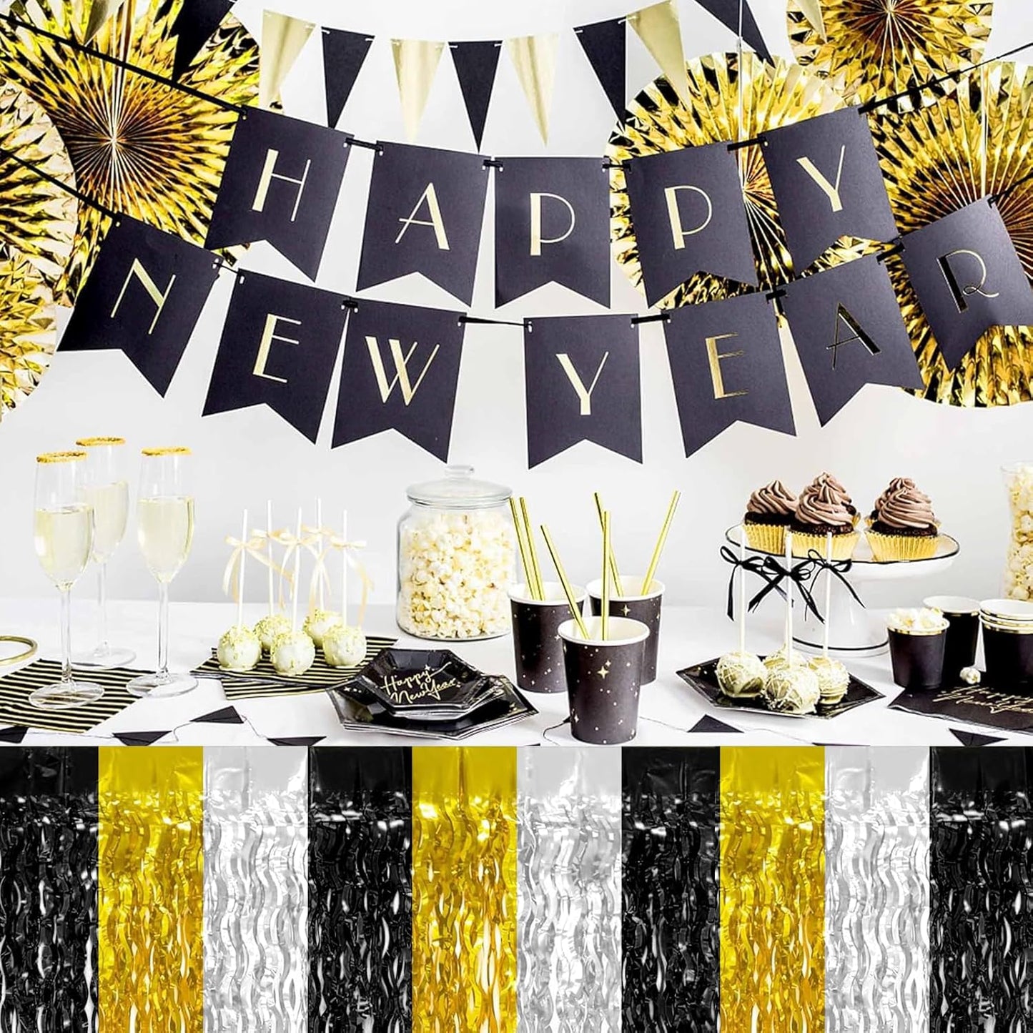 4P Wavy Metallic Tinsel Foil Fringe Table Skirts for Rectangle Tables Backdrop Garland Curtains for Parade Floats Wedding Birthday Parties Decoration Graduation 2025 Christmas (Black Gold Silver)