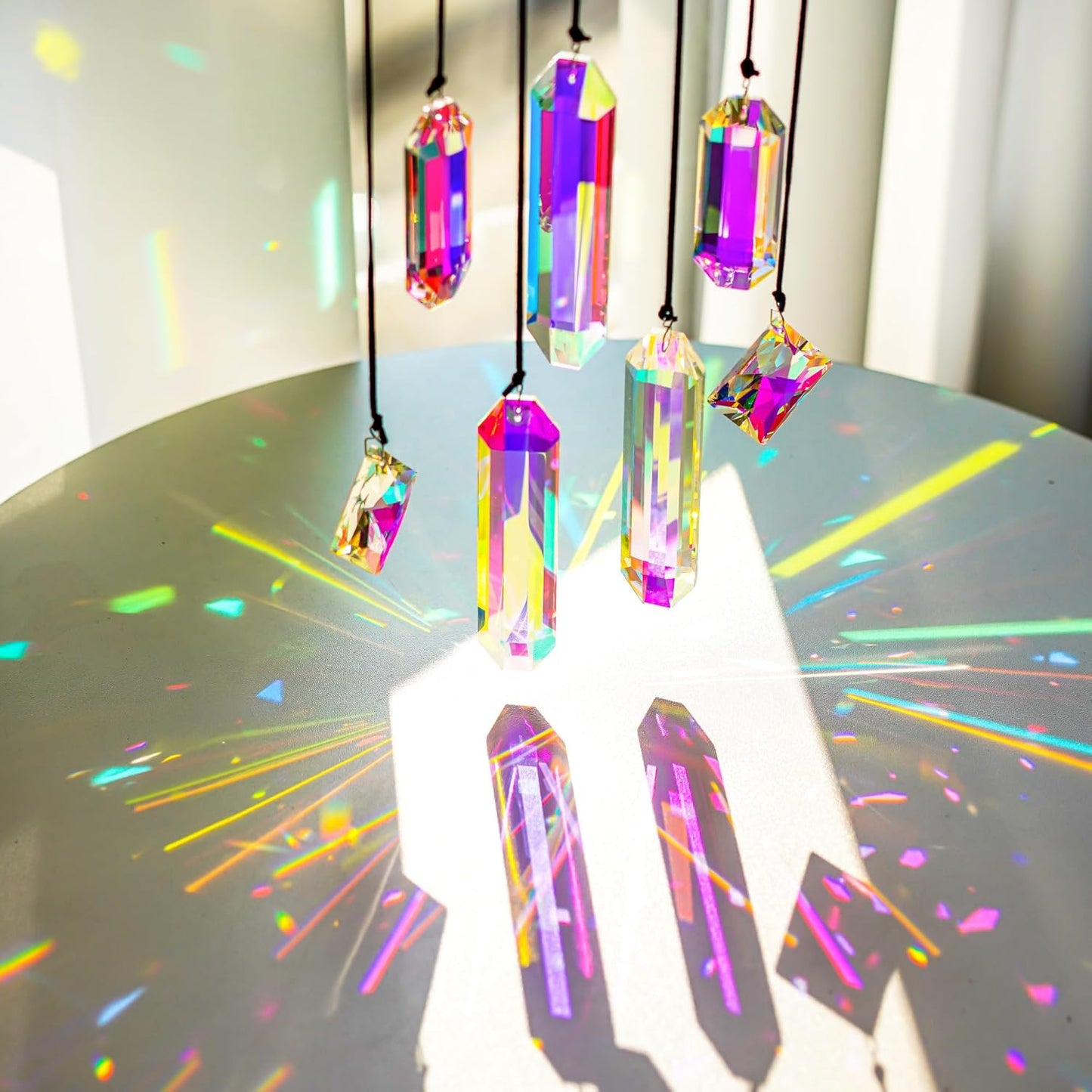 HDCRYSTALGIFTS Set 7 Crystal Sun Catcher Prisms, AB Colored Suncatcher Crystals Indoor Window Hanging Christmas Ornaments Rainbow Maker Prisms for Home Garden Decor